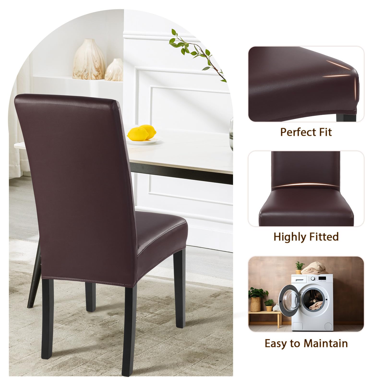 Waterproof PU Leather Dining Chair Covers Set of 6 - Stretch Oil-Resistant Parsons Chair Slipcovers, Washable Kitchen Chair Protectors for Dining Room (Brown) | Perfect for Home, Restaurant, and Office Use