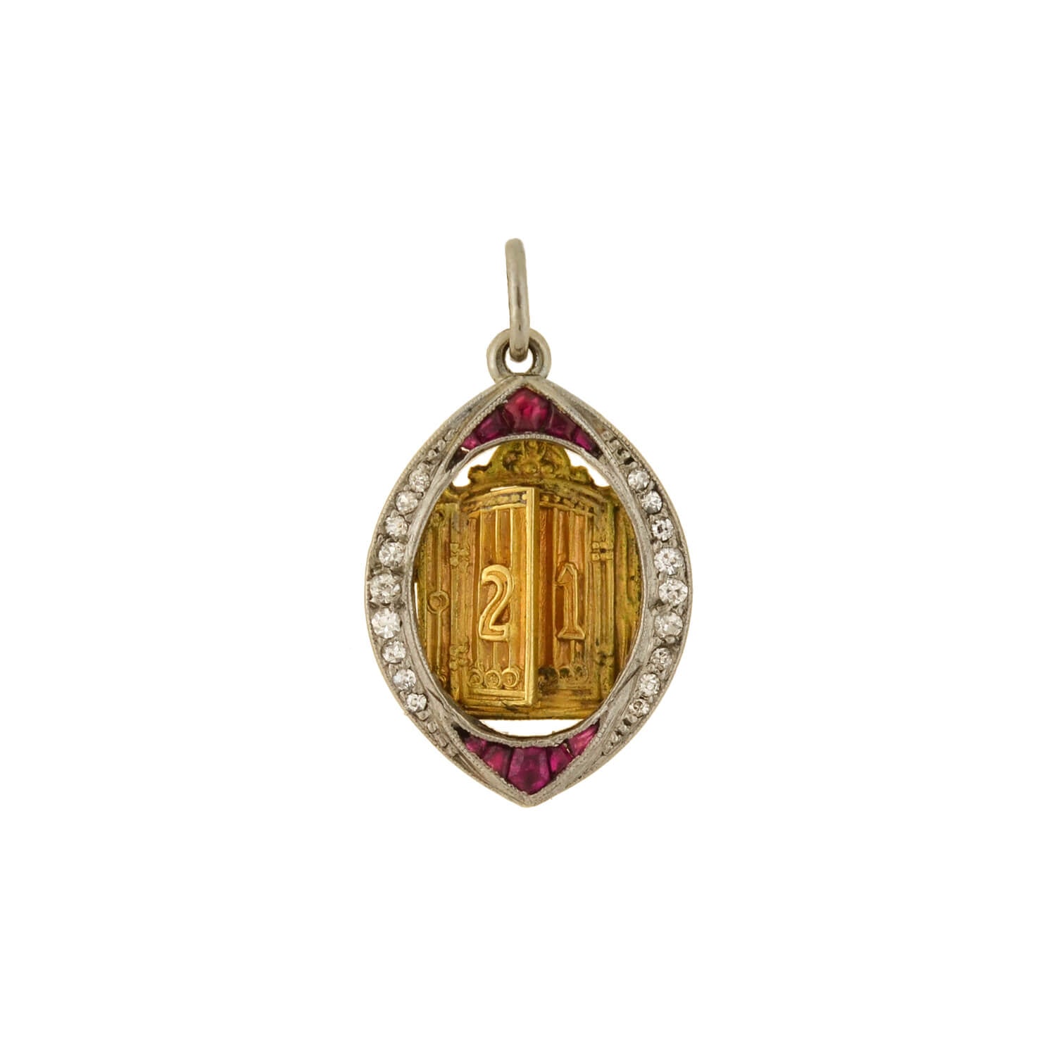 Edwardian Platinum & 14K Gold Ruby Diamond 21 Golden Door Charm Pendant Necklace - Vintage Jewelry Gift for Women, Bridal Party, Anniversary & Special Occasions