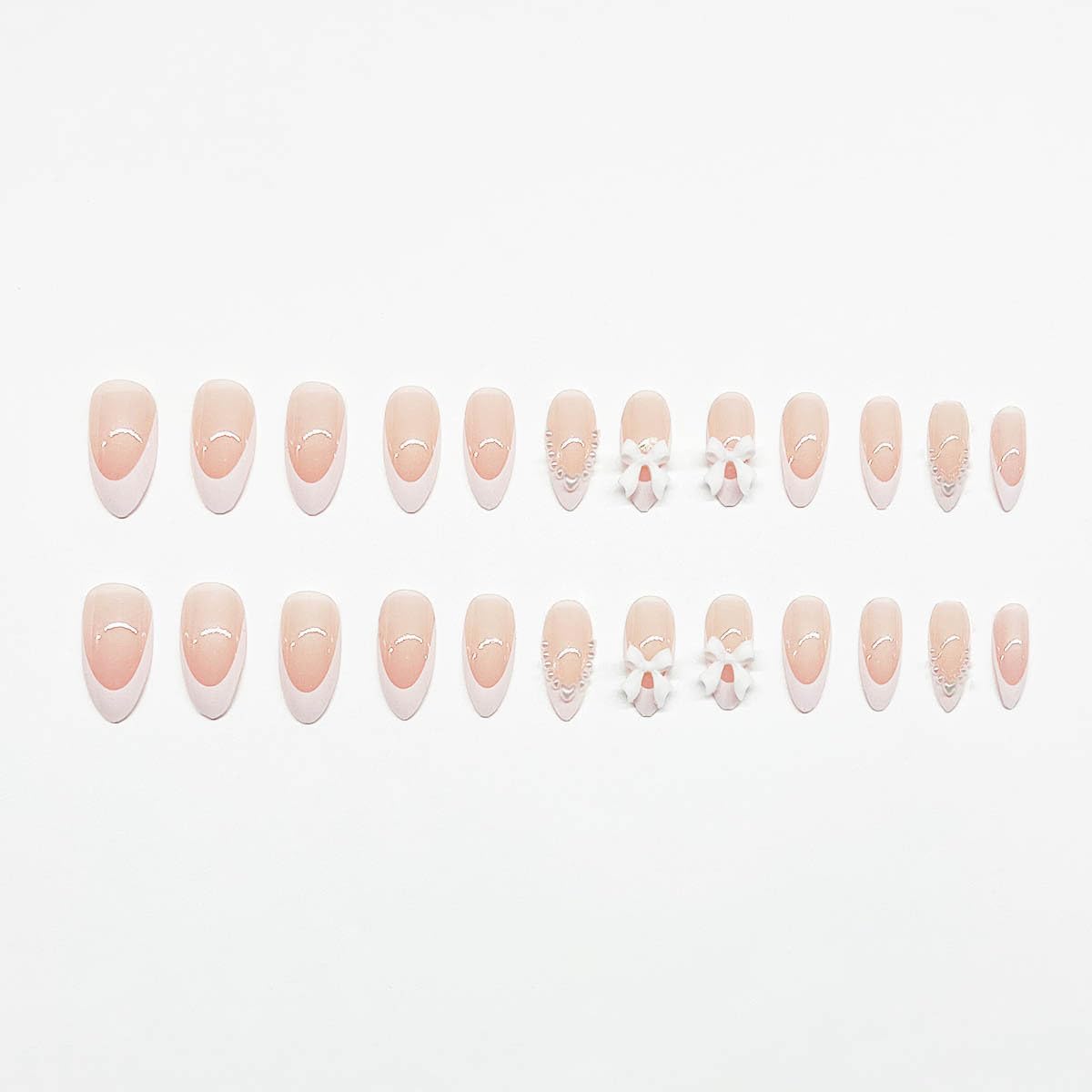 French Tip Press On Nails - 24Pcs Almond Pink Fake Nails with Medium French Pearls & White Bow Nail Charms | Elegant Manicure for Parties, Weddings & Special Occasions