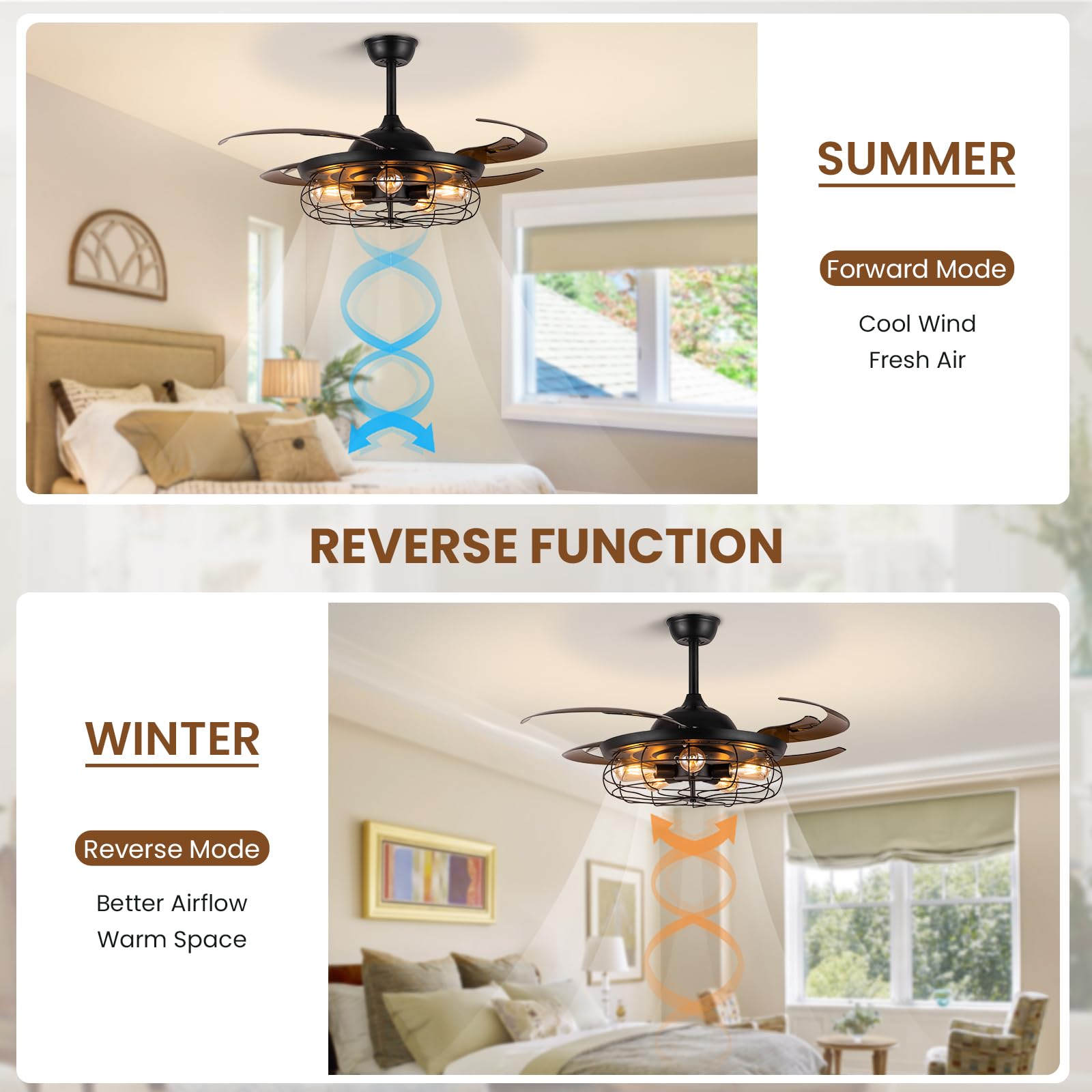 Siljoy 48 Inch Retractable Black Industrial Caged Ceiling Fan with Remote & 5 Lights - Farmhouse Chandelier Style for Living Room, Bedroom, Patio - Perfect for Home Cooling & Decorative Lighting