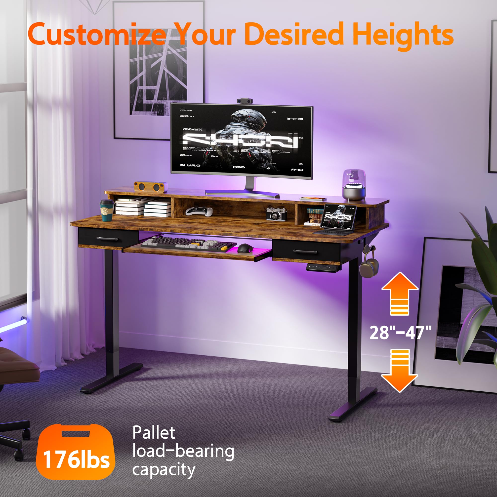 55x24 Inches Electric Height Adjustable Standing Desk with Keyboard Tray & 2 Drawers - Ergonomic Sit to Stand Computer Table with Storage Monitor Stand in Rustic Brown - Perfect for Home Office, Gaming Setup & Workspace Organization