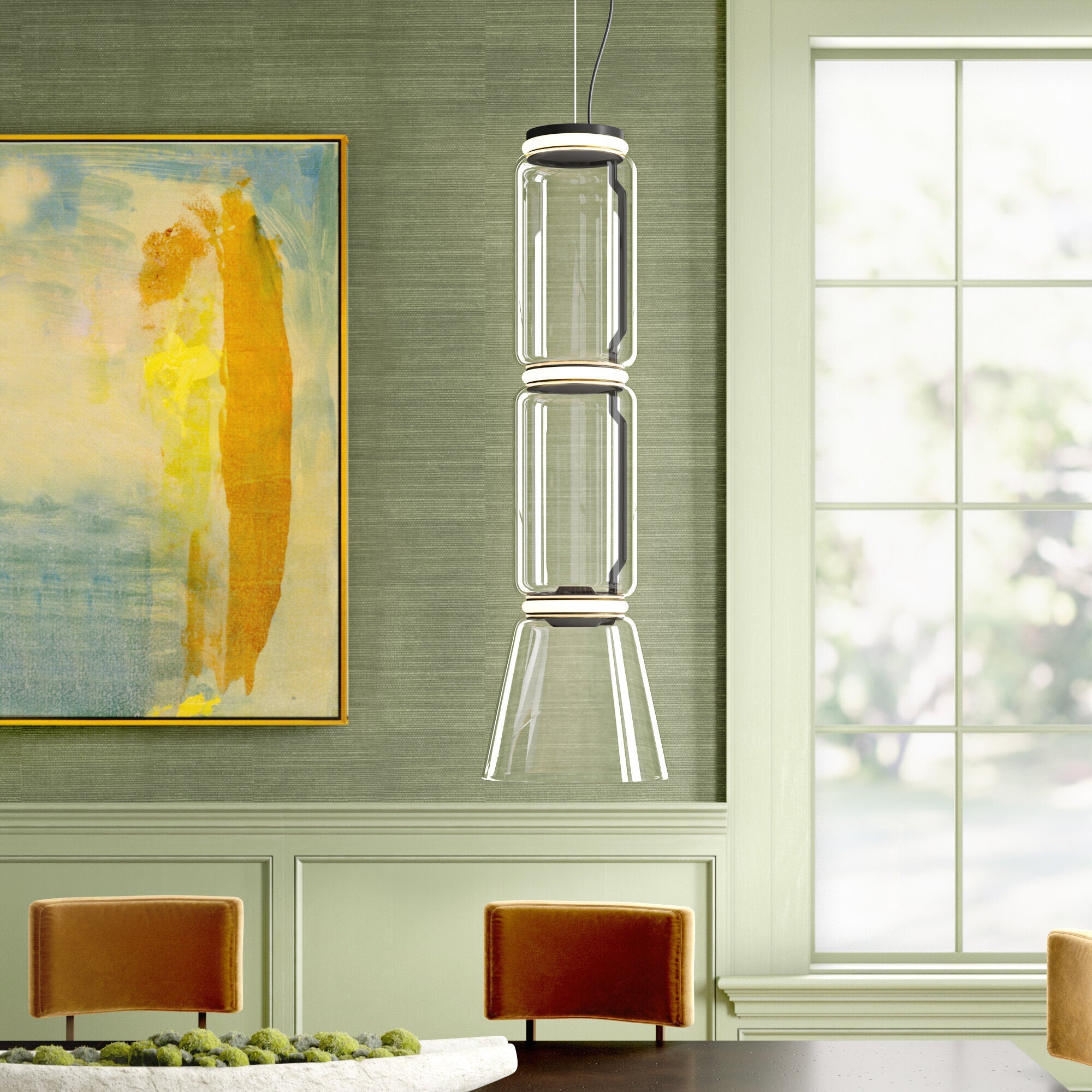Modern Cylindrical Glass Pendant Light Fixture - Sleek Hanging Chandelier for Kitchen Island, Dining Room & Bedroom Lighting Decor