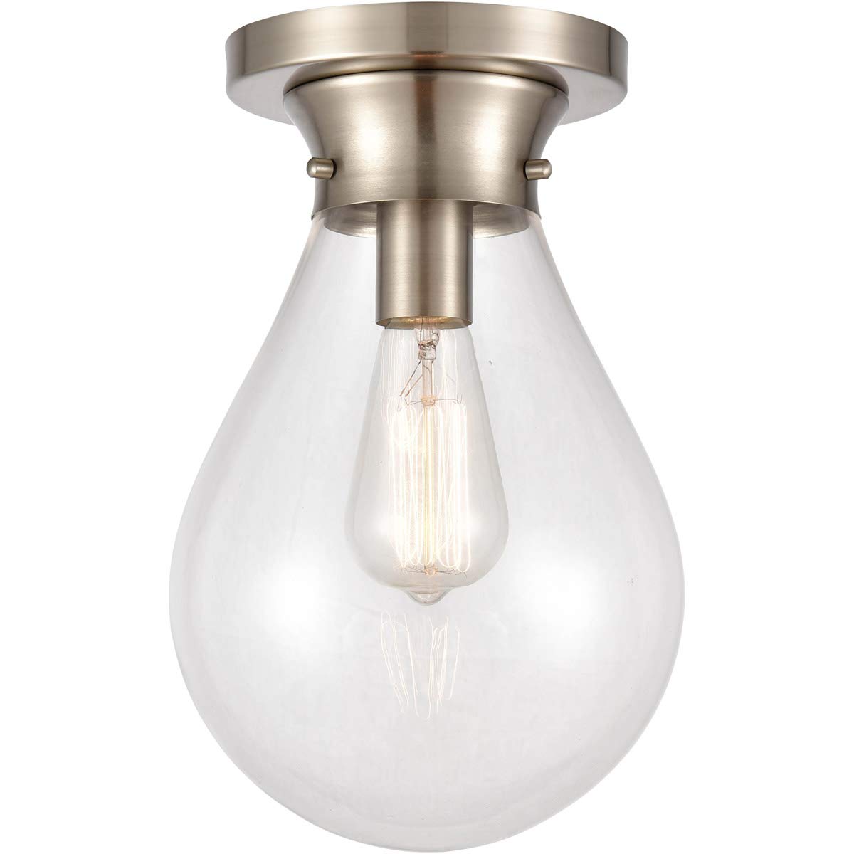 Satin Nickel Flush Mount Ceiling Light Fixture - 8 Inch Wide Steel and Glass LED Light with Medium Base - Perfect for Bedroom, Hallway, and Kitchen Lighting