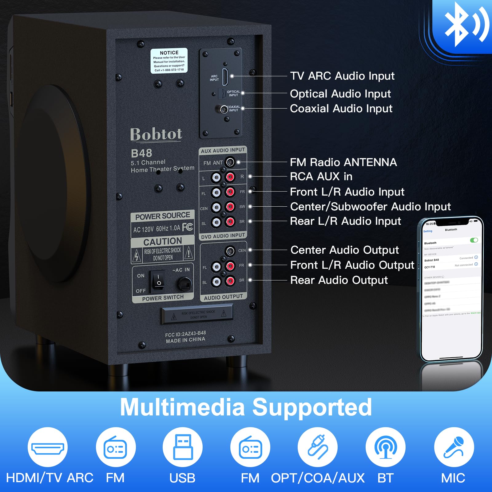 Bobtot 700W 5.1/2.1 Channel Home Theater Speaker System with Bluetooth, HDMI ARC & Optical Input - Powerful 5.25