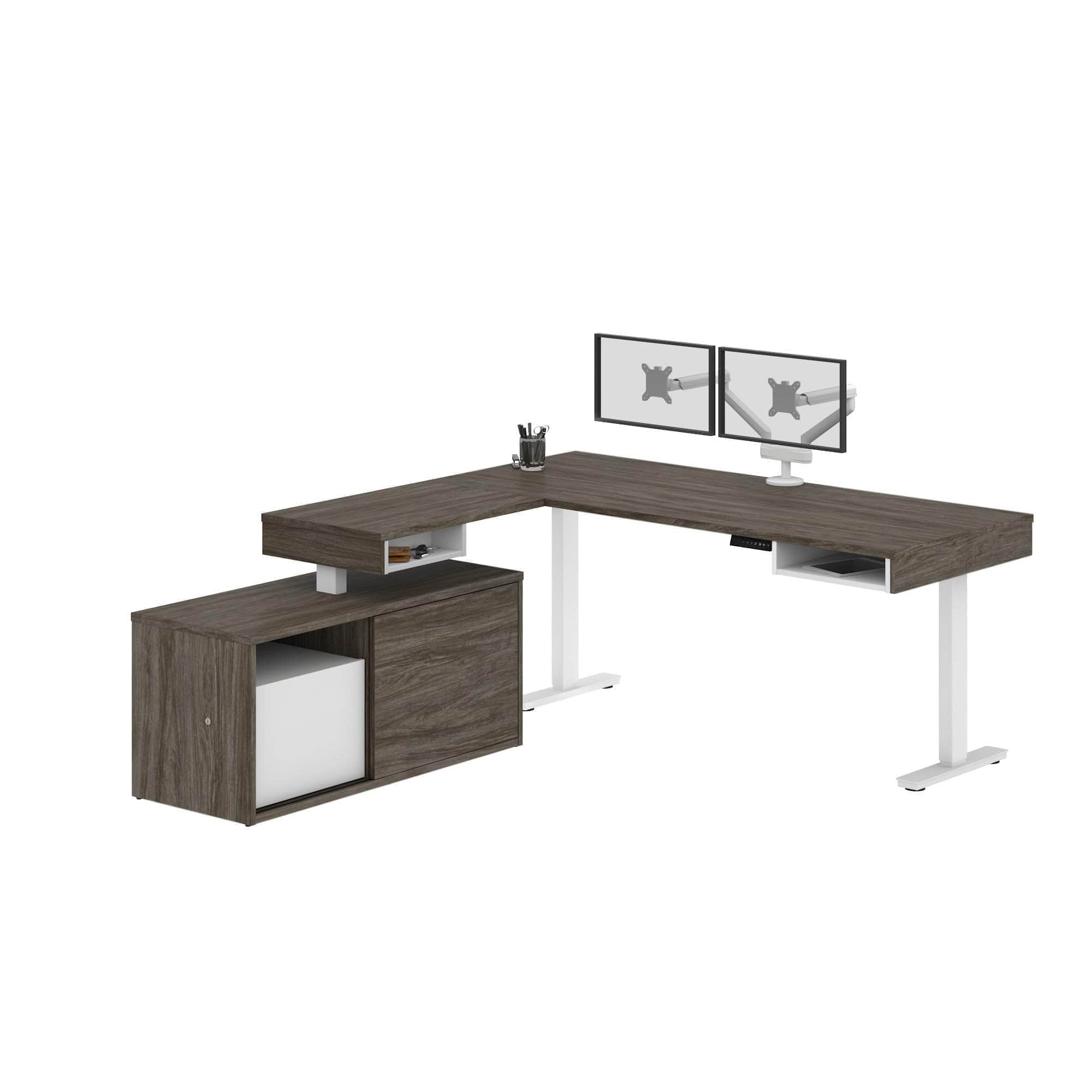 Ergonomic L-Shaped Standing Desk with Built-in Credenza & Dual Monitor Arm - 2 Color Options for Home & Office Workspace