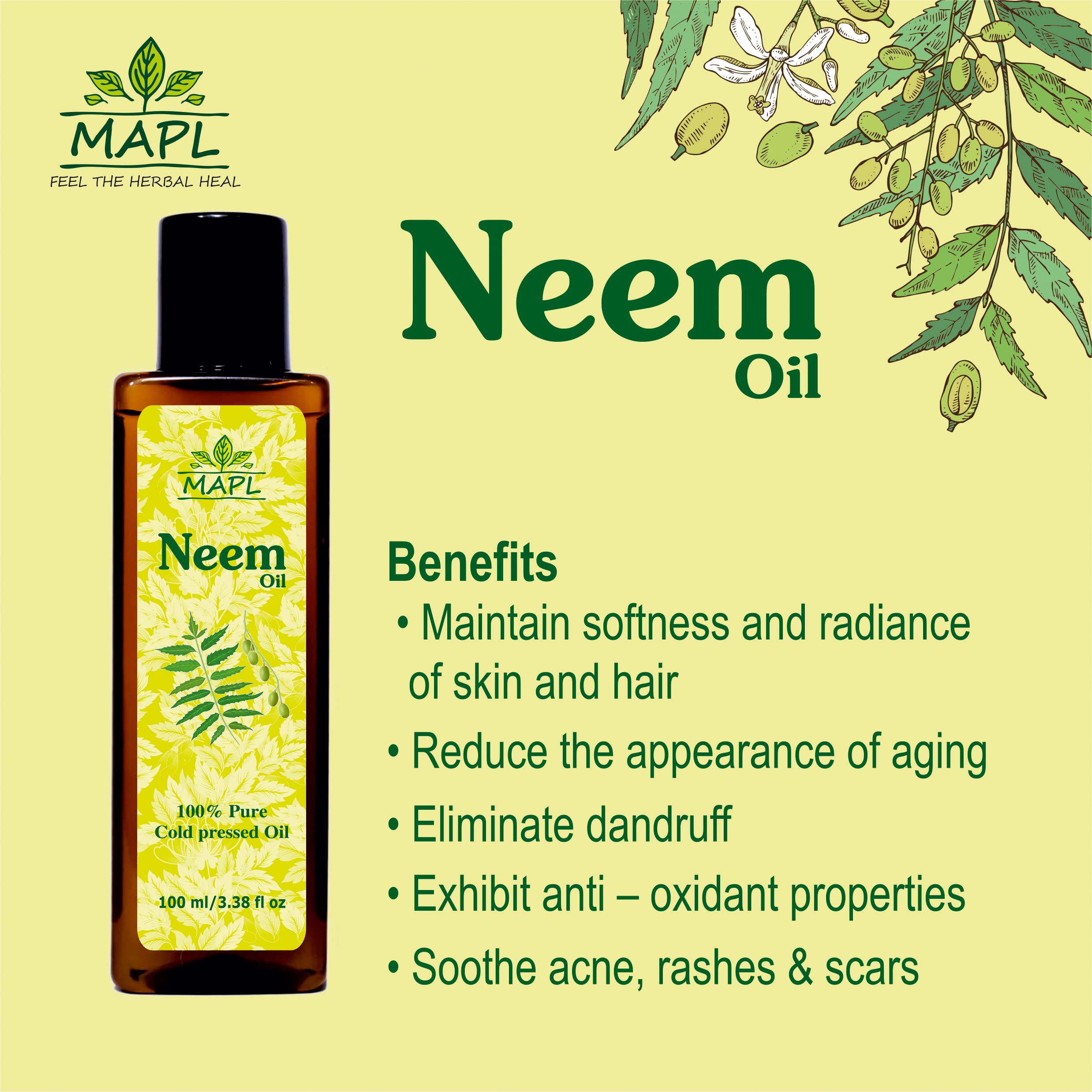 MAPL 100% Pure Cold-Pressed Neem Oil for Hair Growth, Skin Care & Body - Natural Ayurvedic Treatment for Acne, Anti-Aging, Dandruff & Fungal Infections (100ml) | Organic Hair & Skin Solution for Daily Beauty Routine