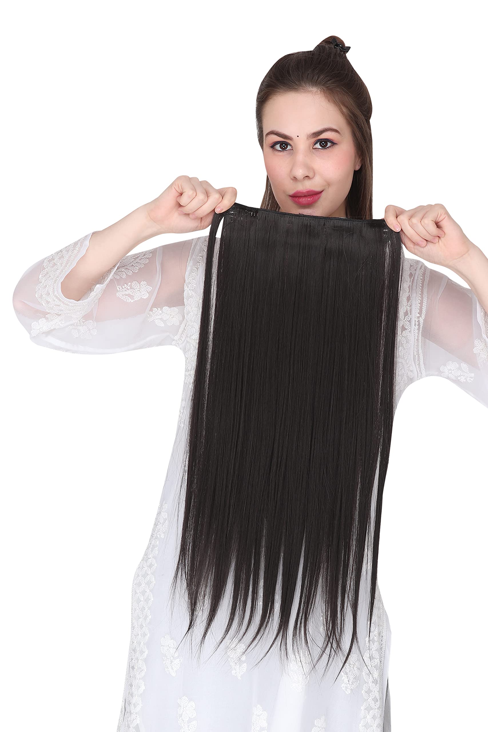 DELORUS 24 Inch Brown Clip In Hair Extensions - 5 Piece Set Thick Straight Human Hair for Women & Girls | Perfect for Volume, Length & Styling for Parties, Weddings & Daily Wear