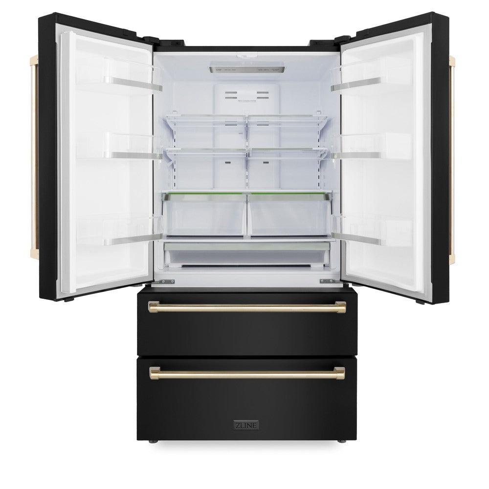 ZLINE Autograph Edition 36 Inch Counter Depth French Door Refrigerator - 22.5 cu ft Capacity, Fingerprint Resistant Black Stainless Steel with Polished Gold Handles, Built-in Ice Maker (RFMZ 36 BS G) - Perfect for Modern Kitchens, Open Concept Homes & Luxury Appliances Collection