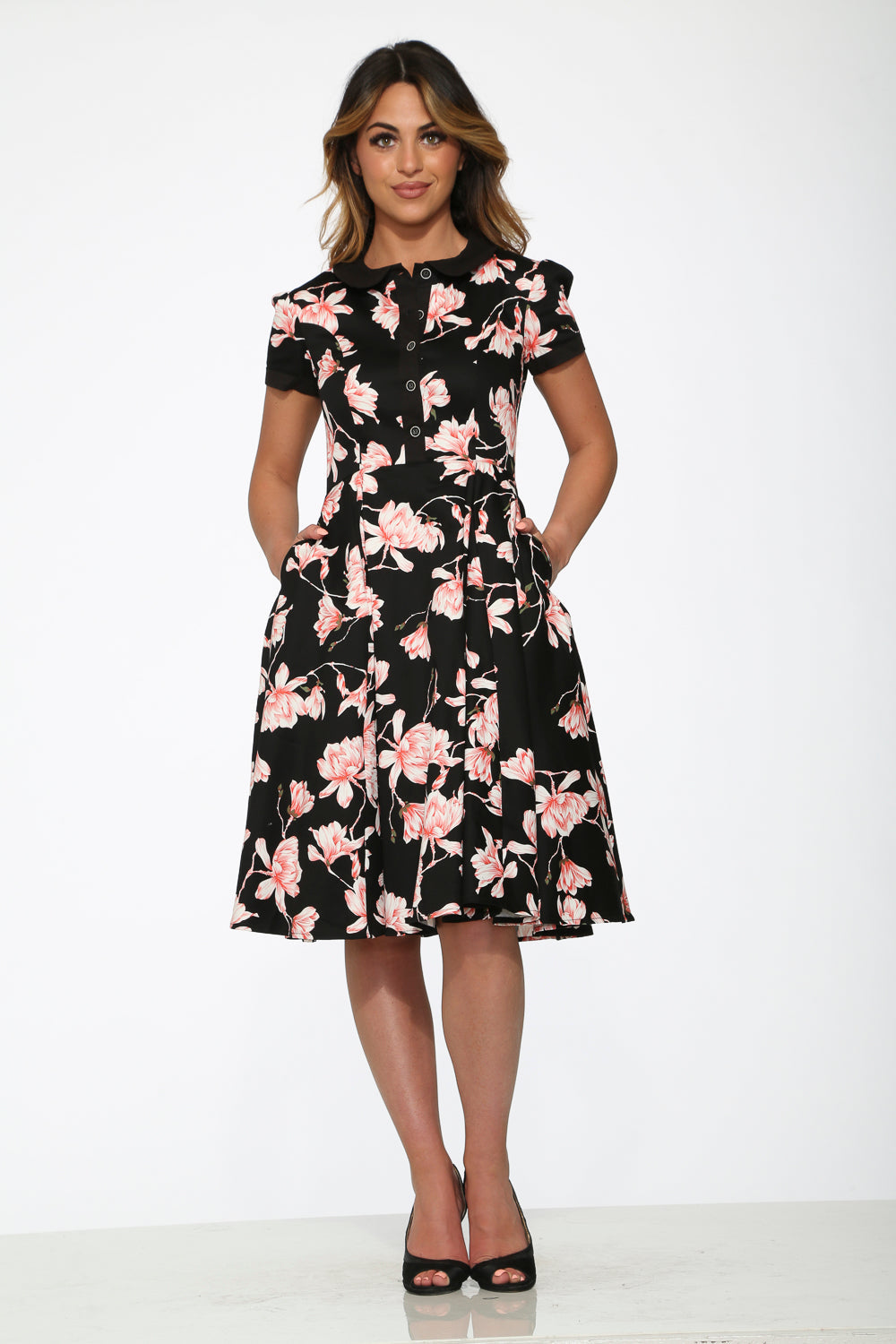 Elegant Black & Pink Floral Swing Dress for Women - Summer Casual & Party Wear - Perfect for Date Nights, Weddings & Outdoor Events