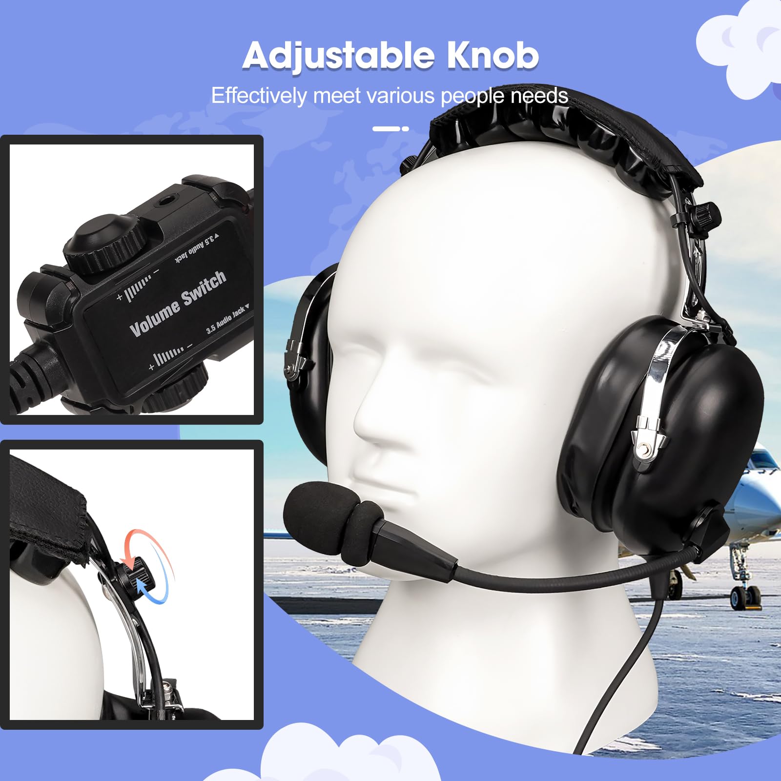 Retevis EHG001 Aviation Pilot Headset with Noise Reduction, Adjustable Headband & Gel Ear Seals - Mono/Stereo 3.5mm Jack - Includes Carrying Bag - Perfect for Student Pilots, Flight Training & Backseat Passengers (1 Pack) - Ideal for Flight Schools, Private Planes & General Aviation Use