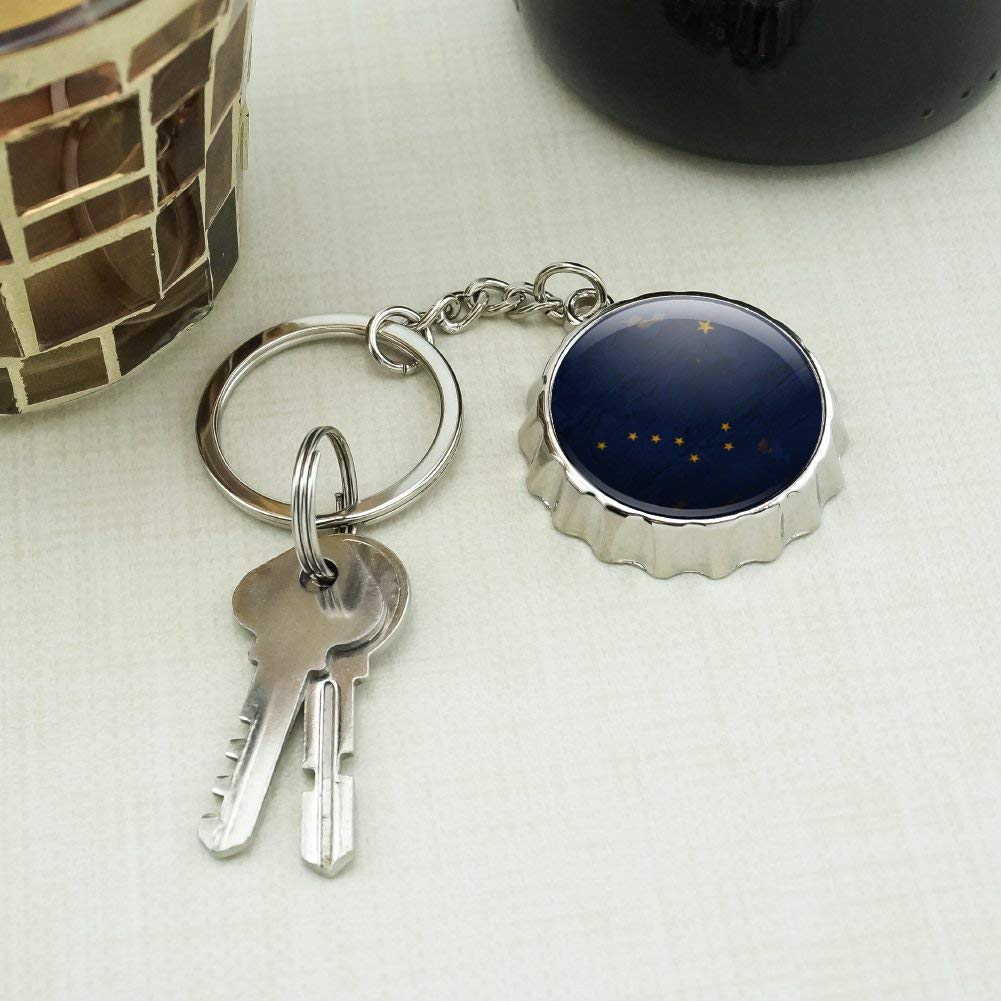 Vintage Rustic Alaska State Flag Keychain - Distressed USA Design, Chrome Plated Metal Bottle Opener with Pop Cap - Perfect for Travel, Camping, Gifts & Beer Lovers