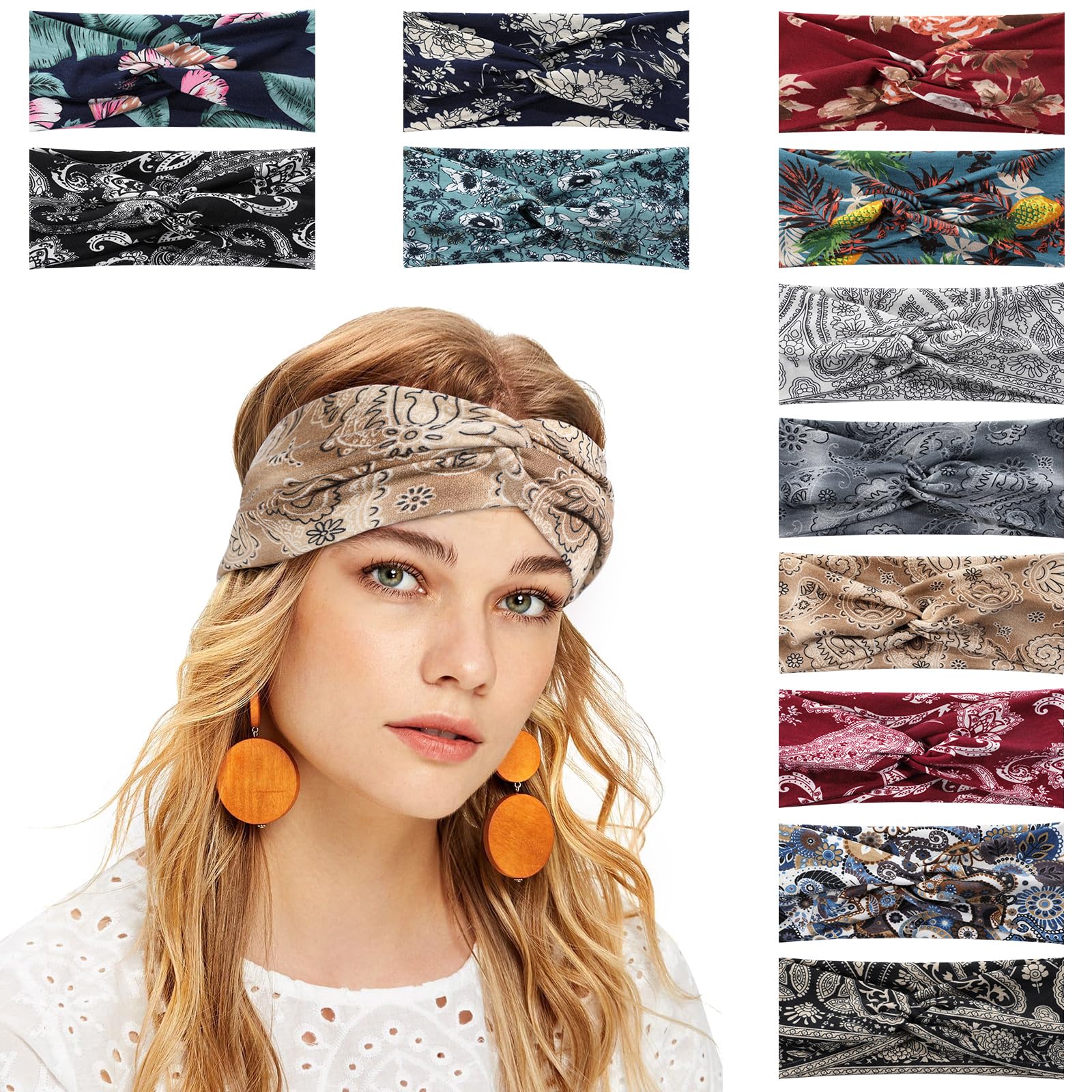 12 Pack Achiou Women's Twist Knotted Headbands - Non-Slip Wide Boho Hair Bands for Yoga, Exercise & Daily Wear - Soft Elastic Turban Headwraps for Short, Curly & All Hair Types