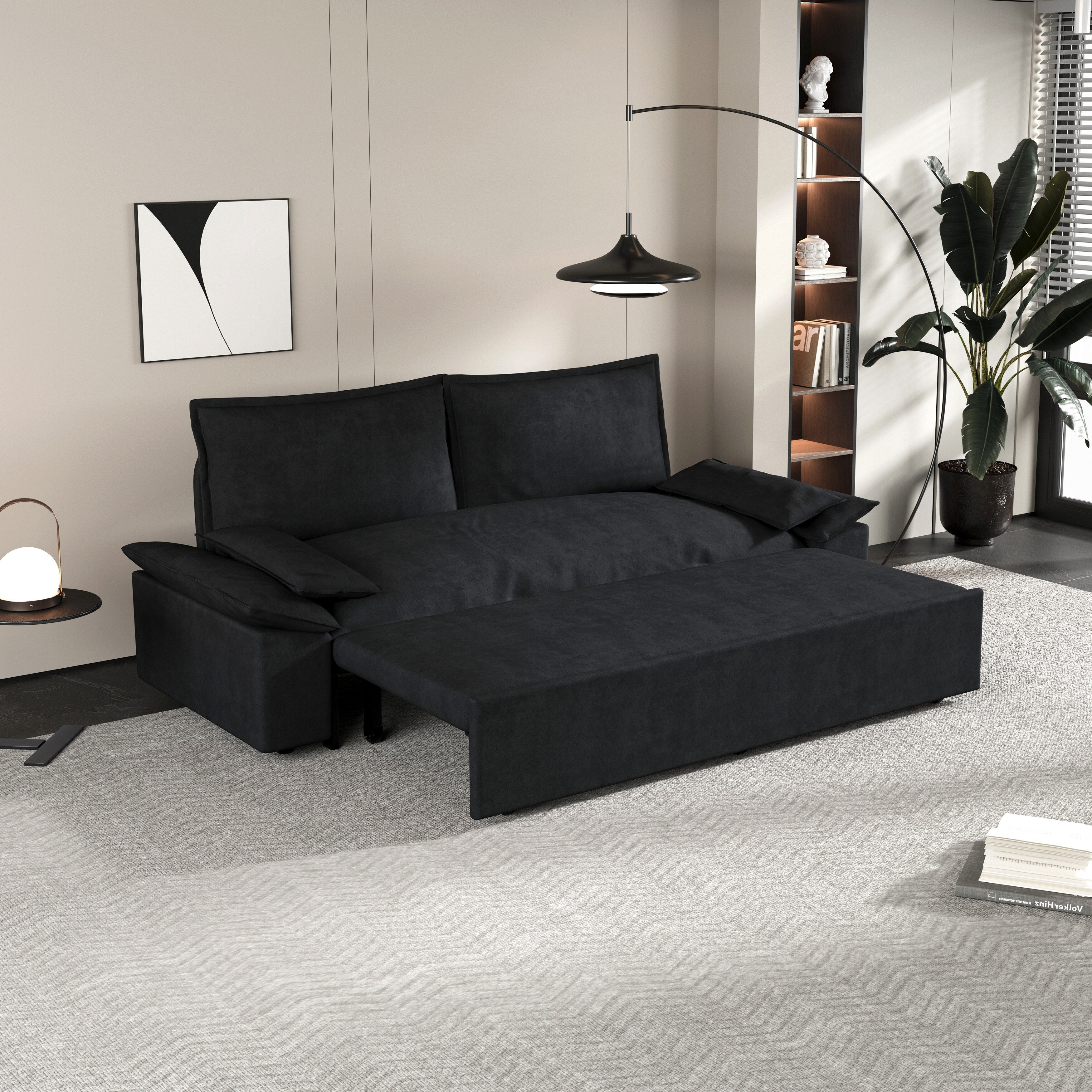3 in 1 Convertible Sleeper Sofa Bed - Queen Size Pull Out Couch with Velvet Upholstery & Pillows - Space Saving Furniture for Small Apartments, Guest Rooms & Home Offices
