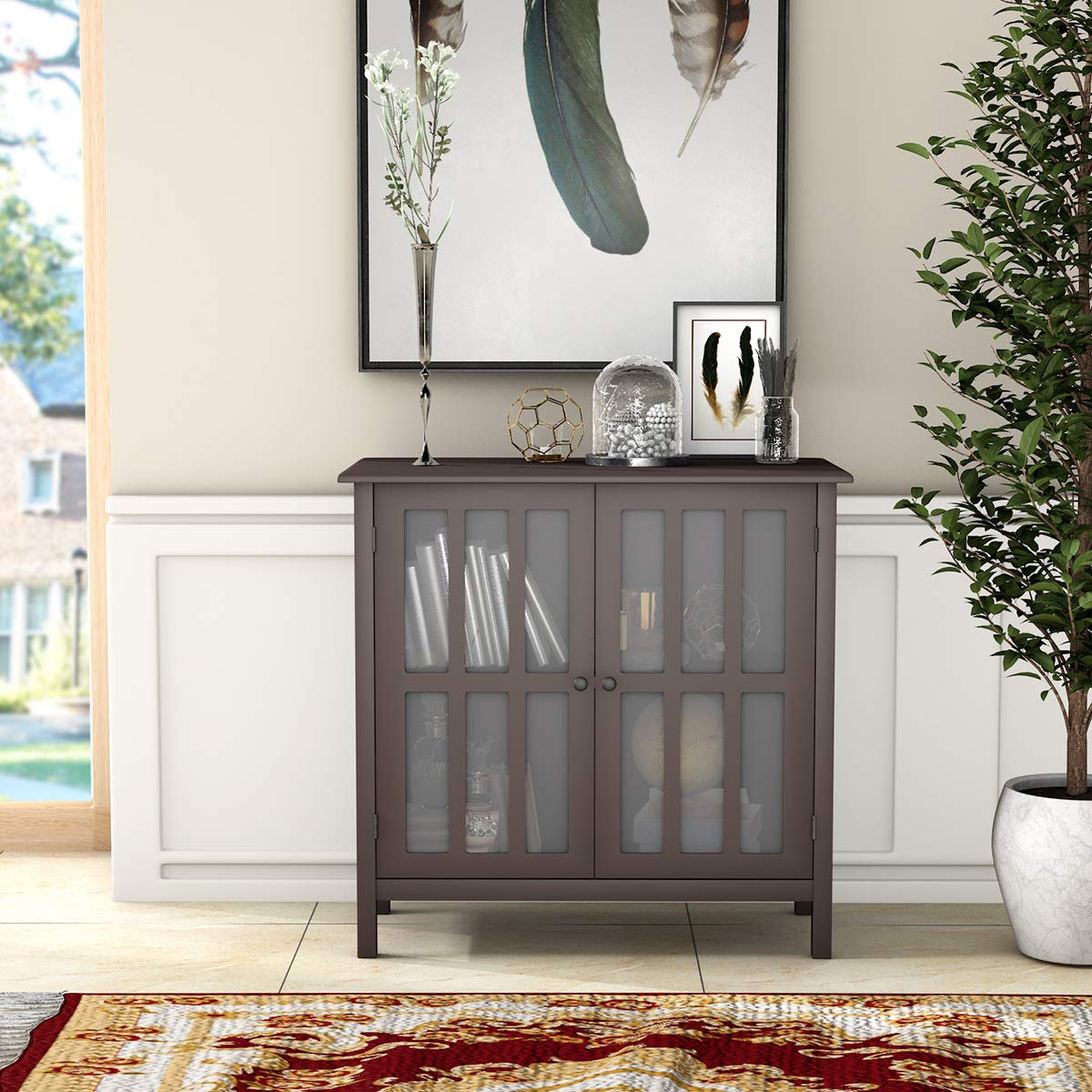 Tangkula Sideboard Buffet Cabinet with 2 Glass Doors - 60