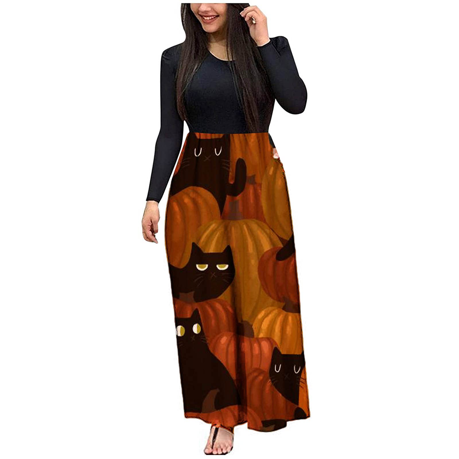 Women's Halloween Printed Maxi Dress - Long Sleeve Casual Patchwork Loose T-Shirt Dress for Fall Fashion | Perfect for Costume Parties, Pumpkin Patch Outings & Spooky Season Style