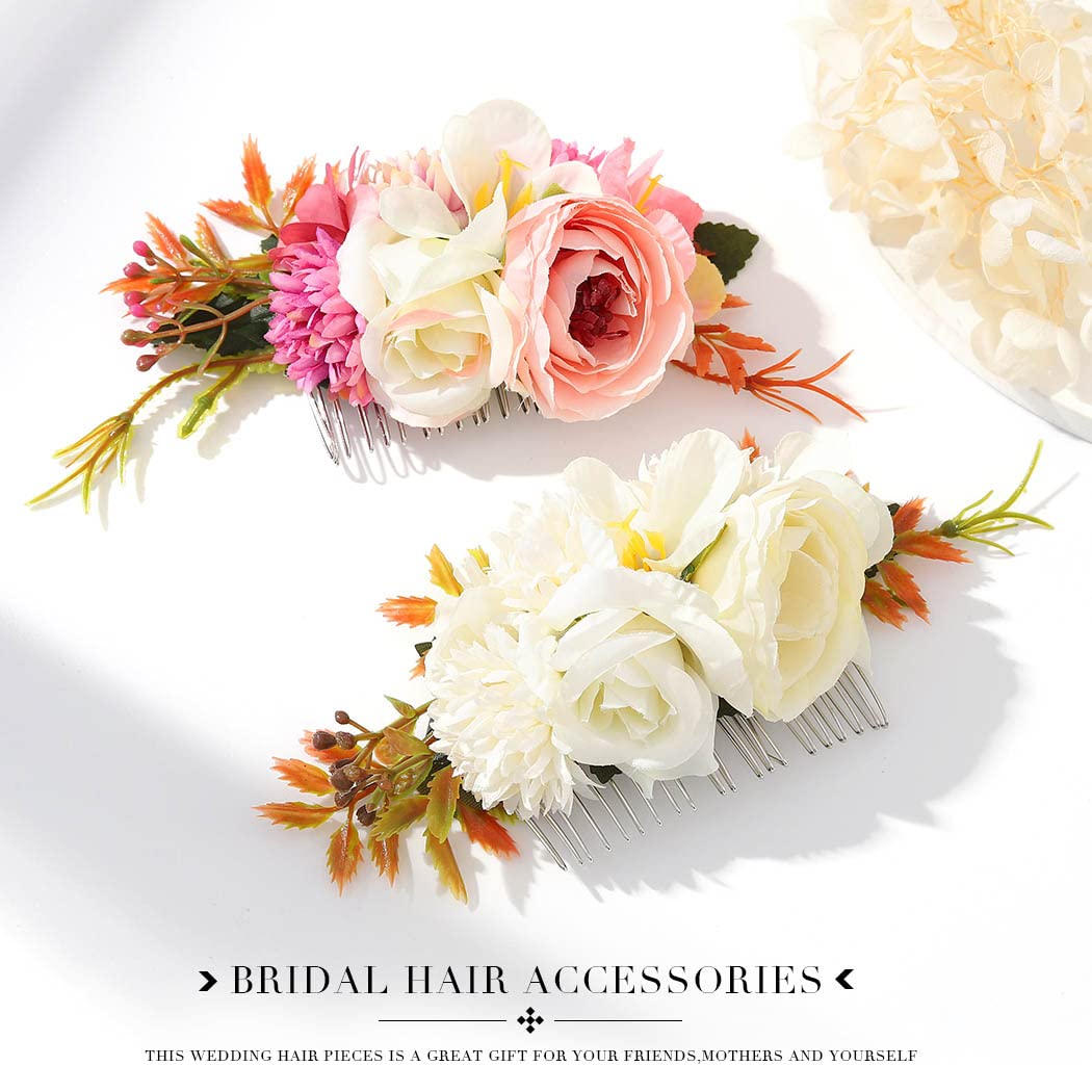 Elegant White Floral Bridal Hair Comb with Rose & Leaf Design - Wedding Hair Accessories for Women & Girls (Pink) | Perfect for Bridal Showers, Weddings & Special Occasions