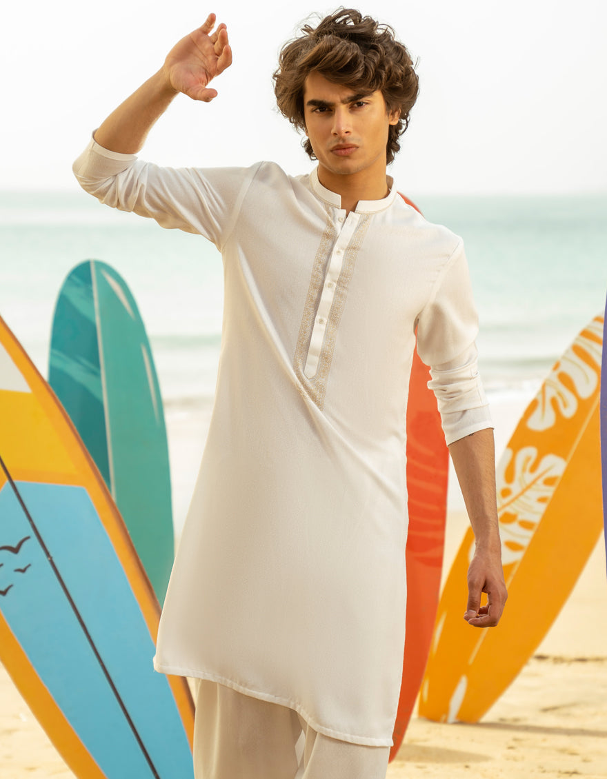 Elegant Blended White Shalwar Kameez by J. Junaid Jamshed - Premium Pakistani Traditional Outfit for Men - Perfect for Weddings, Eid & Special Occasions