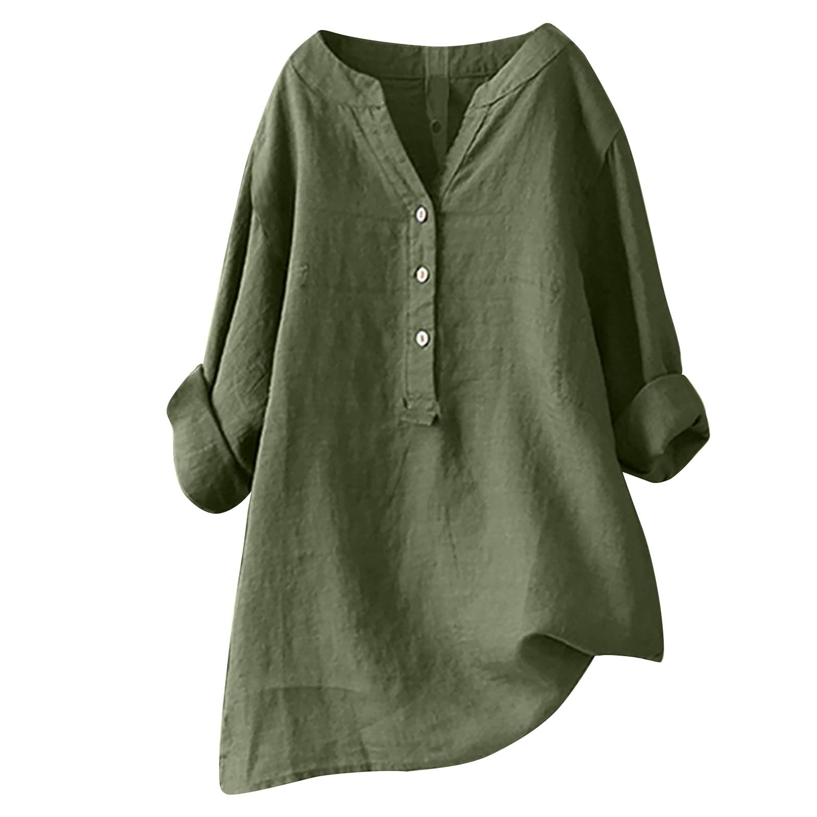 YZHM Women's Long Sleeve Cotton Linen Blouse - Plus Size V-Neck Button Down Shirt, Loose Tunic Top & Trendy Solid Tee for Work, Casual & Office Wear