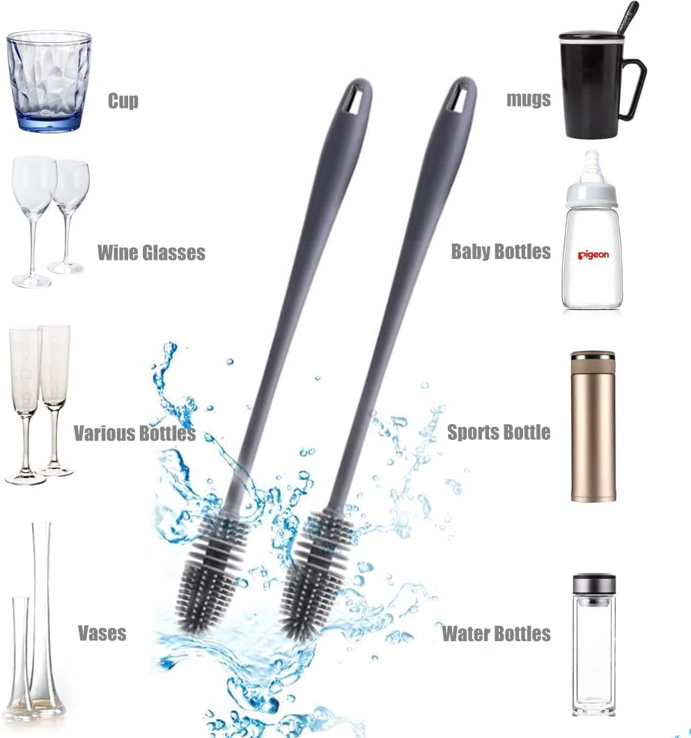 Slyford 2 Pack Long Handle Silicone Bottle Cleaning Brushes - Perfect for Hydro Flask, Glassware & Small Opening Bottles - Ideal for Kitchen, Camping & Travel Accessories