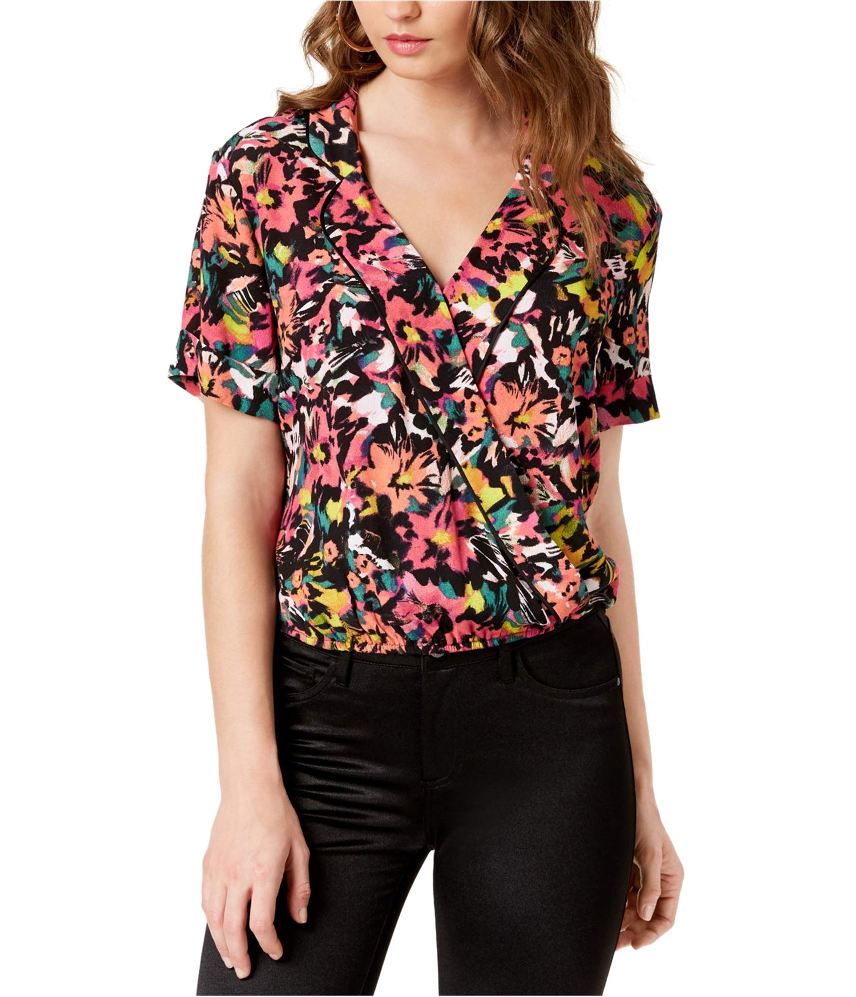GUESS Women's Margarita Wrap Blouse - Floral Print Short Sleeve V-Neck Tunic Top for Casual Wear, Office & Date Night Outfits