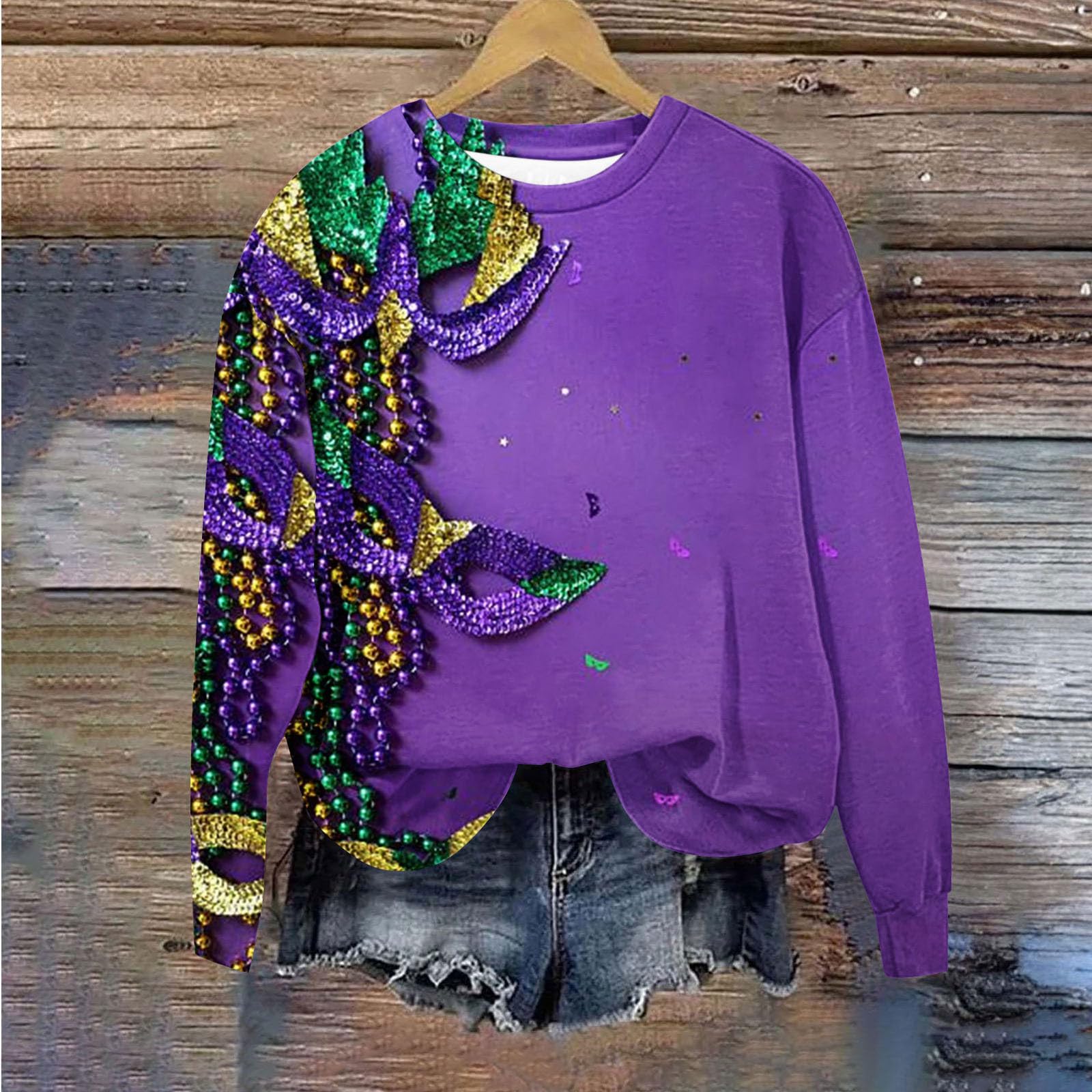 Oelaio Women's Long Sleeve Graphic T-Shirt - Mardi Gras Mask Print Party Top for Ladies | Casual Wear, Costume Parties & Festive Events