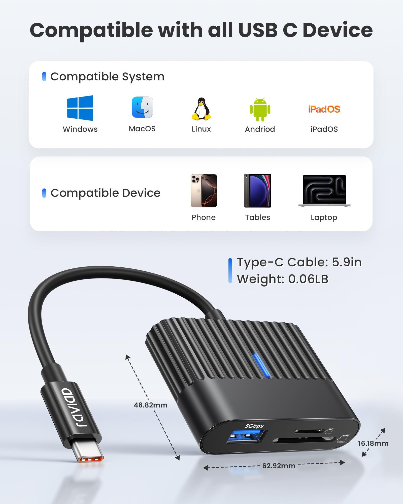 RAVIAD 5-in-1 USB C SD Card Reader with USB 3.0 Port - Compatible with iPhone 16/15 Plus/Pro Max, MacBook, iPad Pro, Galaxy S24 - Supports SD/TF Cards & 2 USB 2.0 Ports | Perfect for Photographers, Content Creators & Mobile Professionals