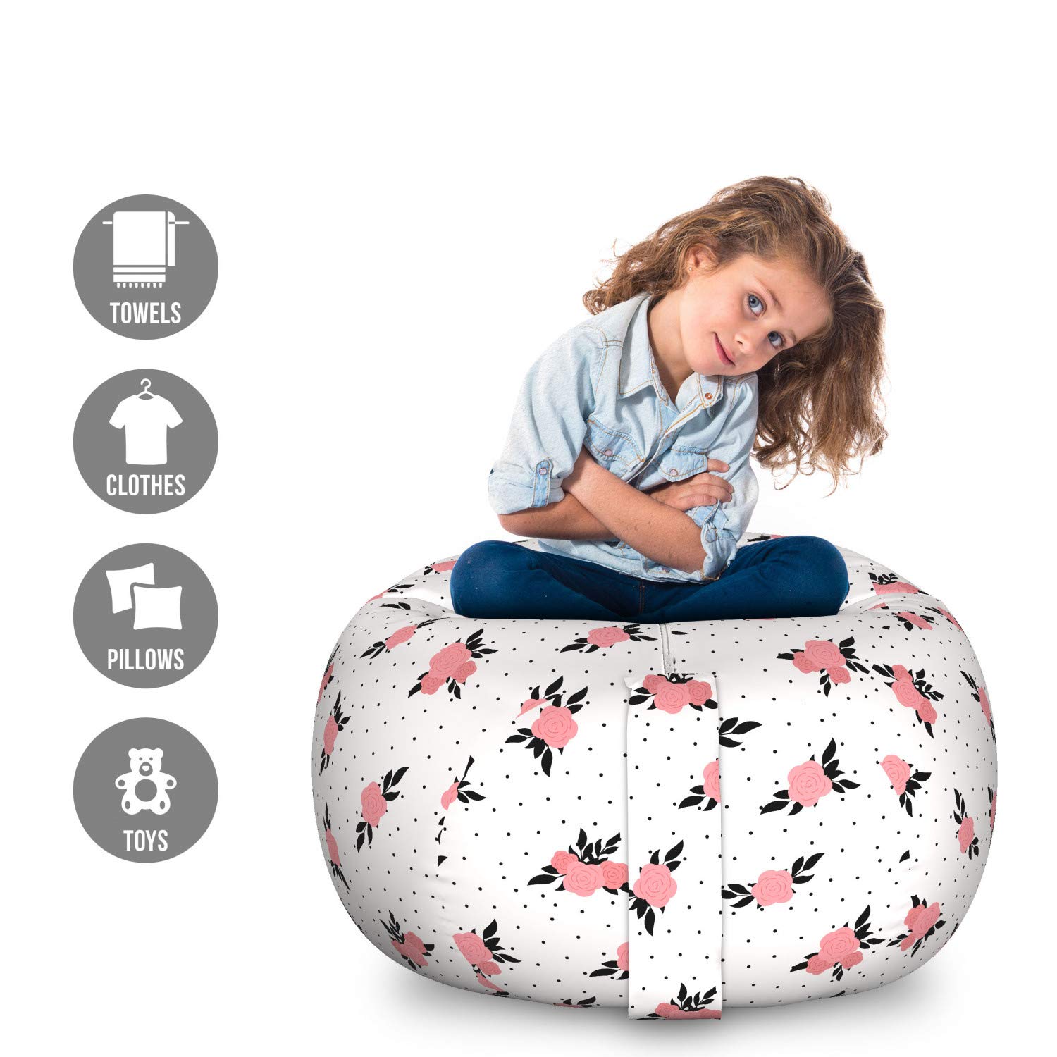 Ambesonne Floral Storage Toy Bag Chair - Large Washable Stuffed Animal Organizer with Rose Bouquet Design | Perfect for Kids' Room, Nursery & Playroom Organization