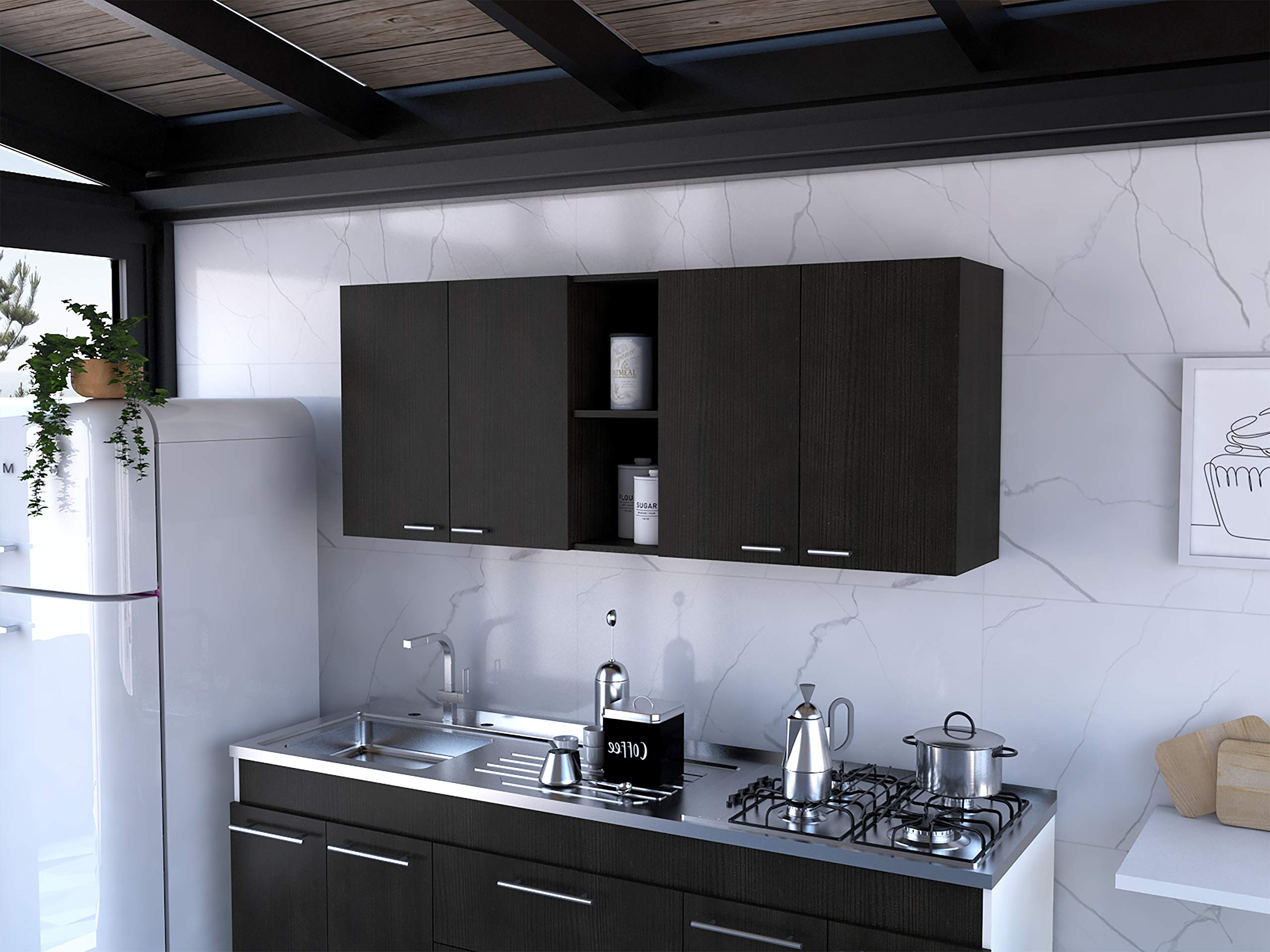 Olimpo 150 Wall Cabinet with 4 Doors, 2 Open Shelves & 2 Internal Shelves - Dish & Glass Organizer - 24