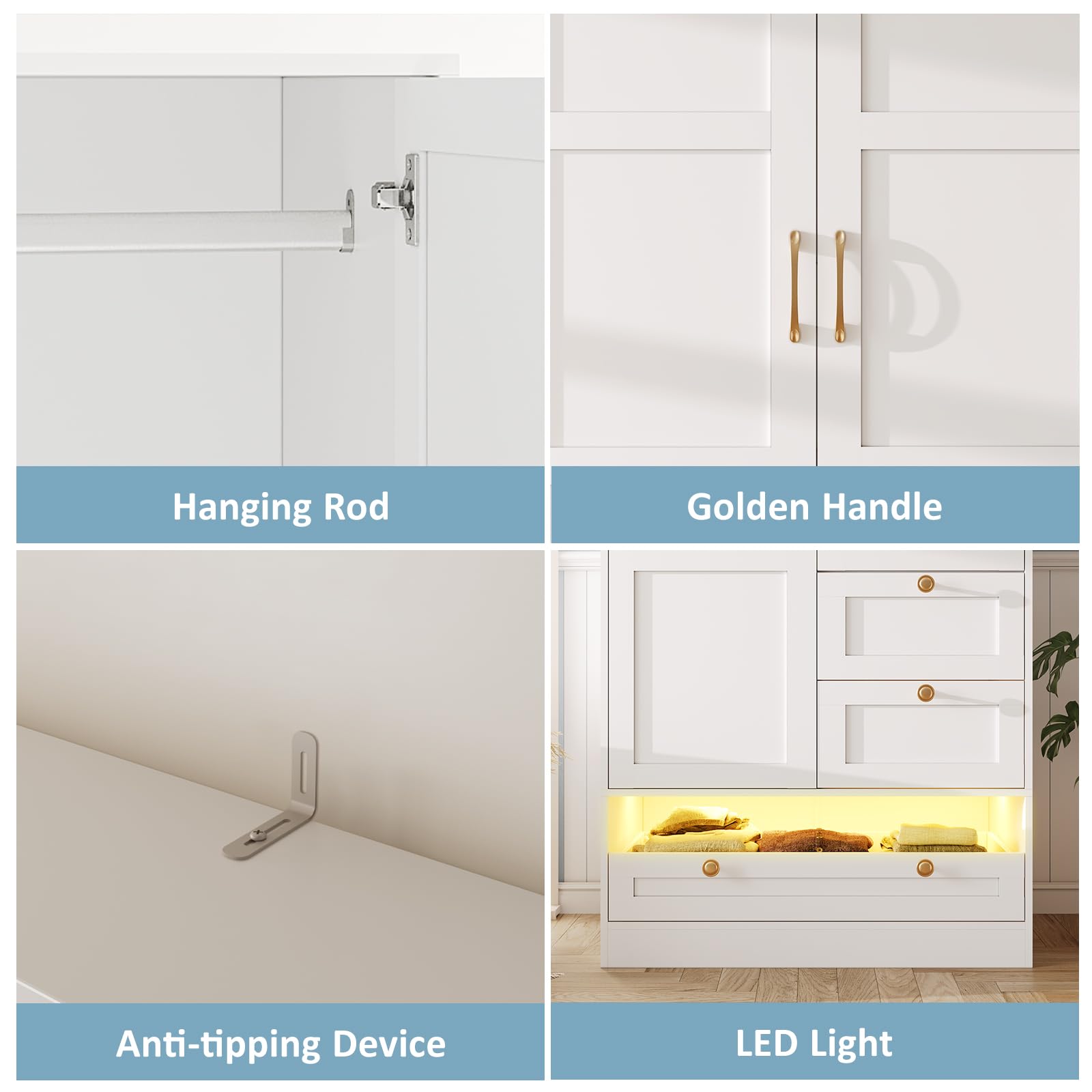 White Maupvit 2-Door LED Wardrobe with Drawers & Hanging Rod - Spacious Bedroom Closet Organizer for Laundry Storage