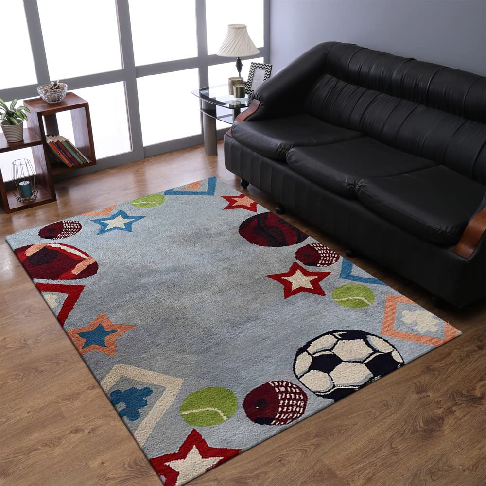 Hand Tufted Wool Area Rug 4'x6' - Soft Light Blue Kids Room Rug | Rugsotic Carpets K03010 | Perfect for Nursery, Playroom & Bedroom Decor