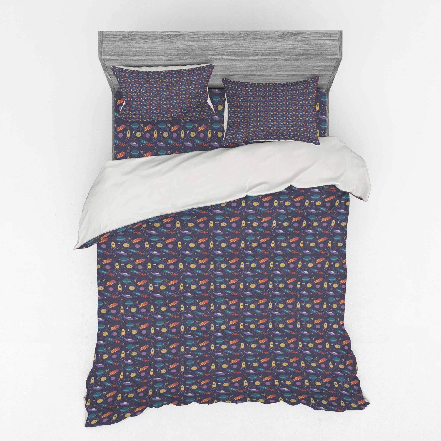 Ambesonne Space Themed Bedding Set - 4 Piece Duvet Cover with Shams & Fitted Sheet, California King Size, Pastel Comet Stars Rockets Planets Design - Perfect for Kids Room, Teen Bedroom & Sci-Fi Themed Decor
