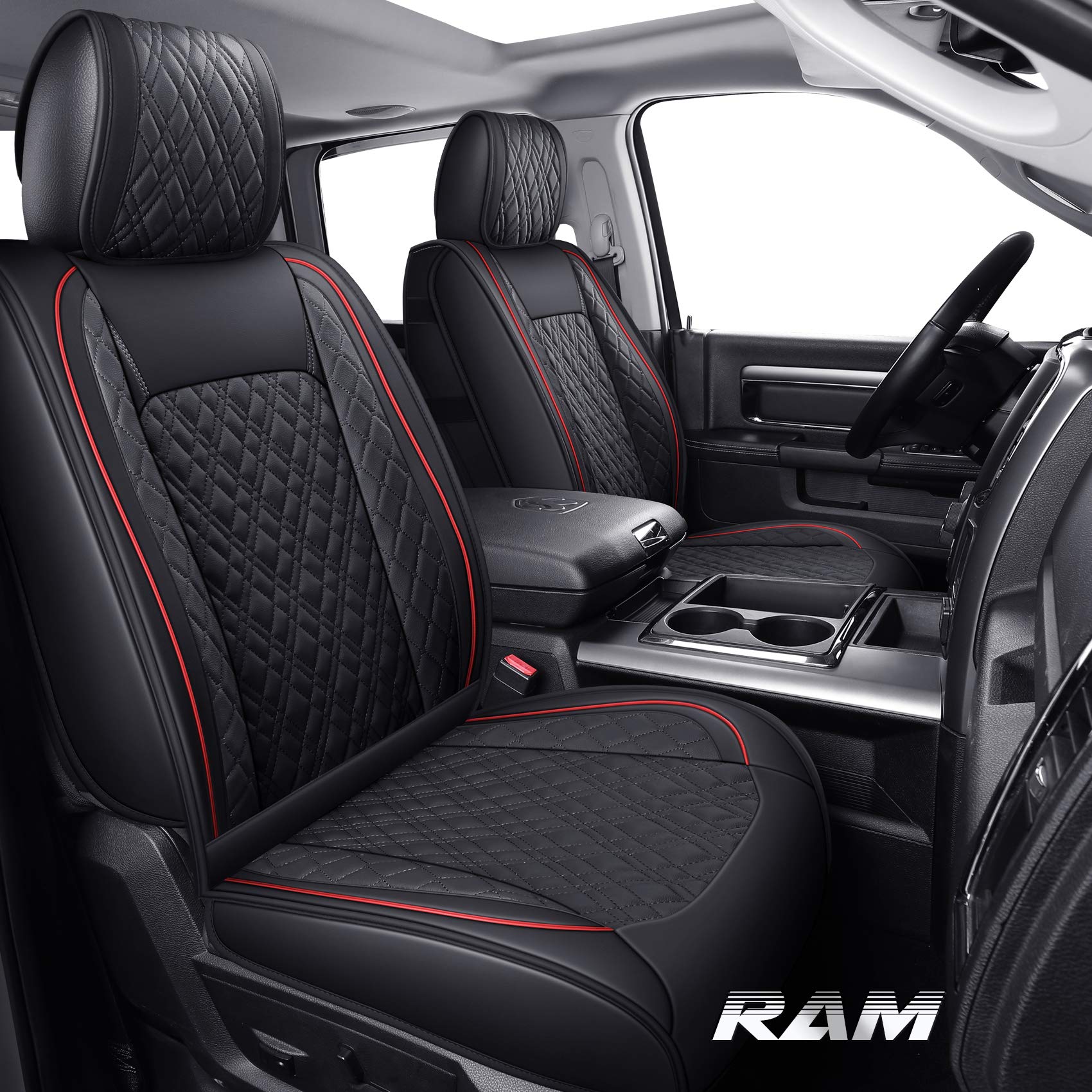 Premium Dodge Ram Seat Covers - Full Set for 2009-2025 1500/2010-2024 2500/3500 (Crew/Double/Mega/Quad Cab) - Fits Tradesman/Classic/Laramie/Bighorn/Longhorn Models - Durable Black & Red Design - Perfect for Work Trucks, Off-Roading & Daily Commutes