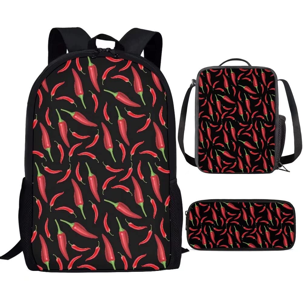 Youngerbaby Kids Backpack Set - Cute Chili Pepper Design School Backpack for Boys with Lunch Box & Pencil Case | Perfect for School, Travel & Daily Use