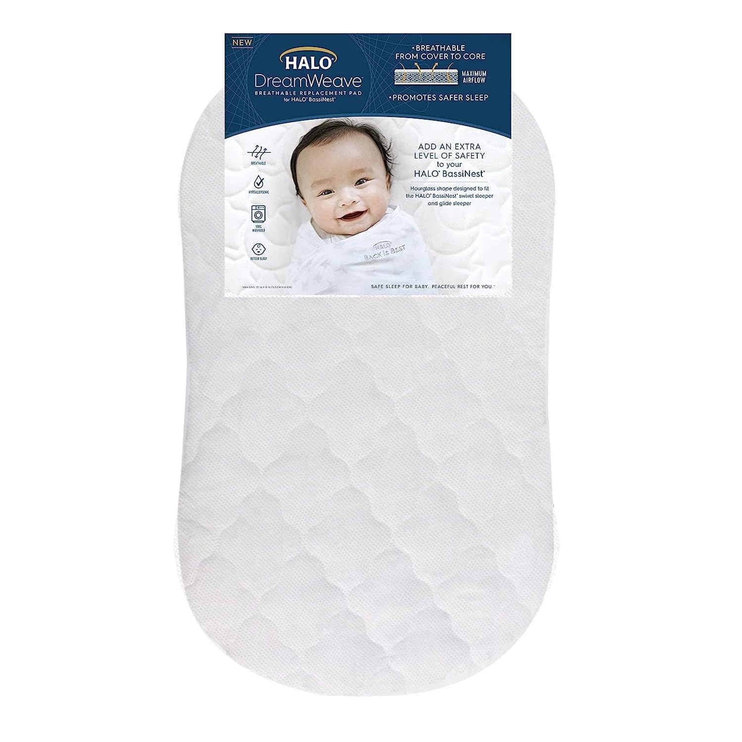 HALO DreamWeave Breathable Mesh Bassinet Mattress Pad Replacement – Hypoallergenic, Non-Toxic, 100% Machine Washable Cover – 30” x 18” x 1.3” – Perfect for Newborns & Infants, Safe Sleep Solution for Nursery & Travel