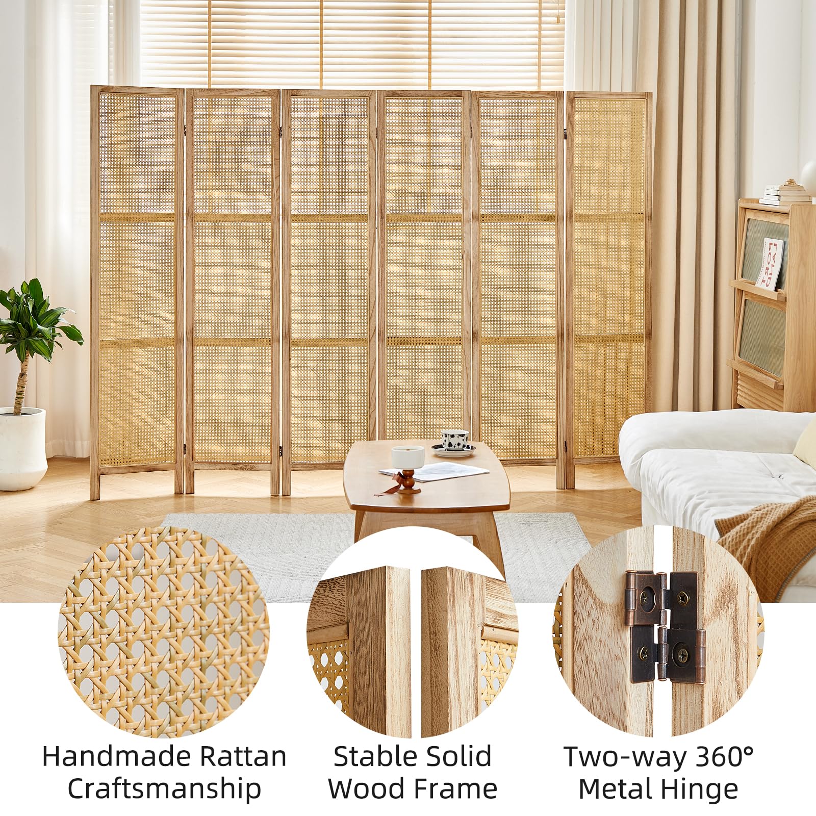 6 Panel Rattan Room Divider Screen - 5.6 Ft Tall Foldable Wooden Partition Wall - Freestanding Privacy Screen for Home, Office & Bedroom - Natural Woven Design - Perfect for Room Separation, Zen Decor & Space Division