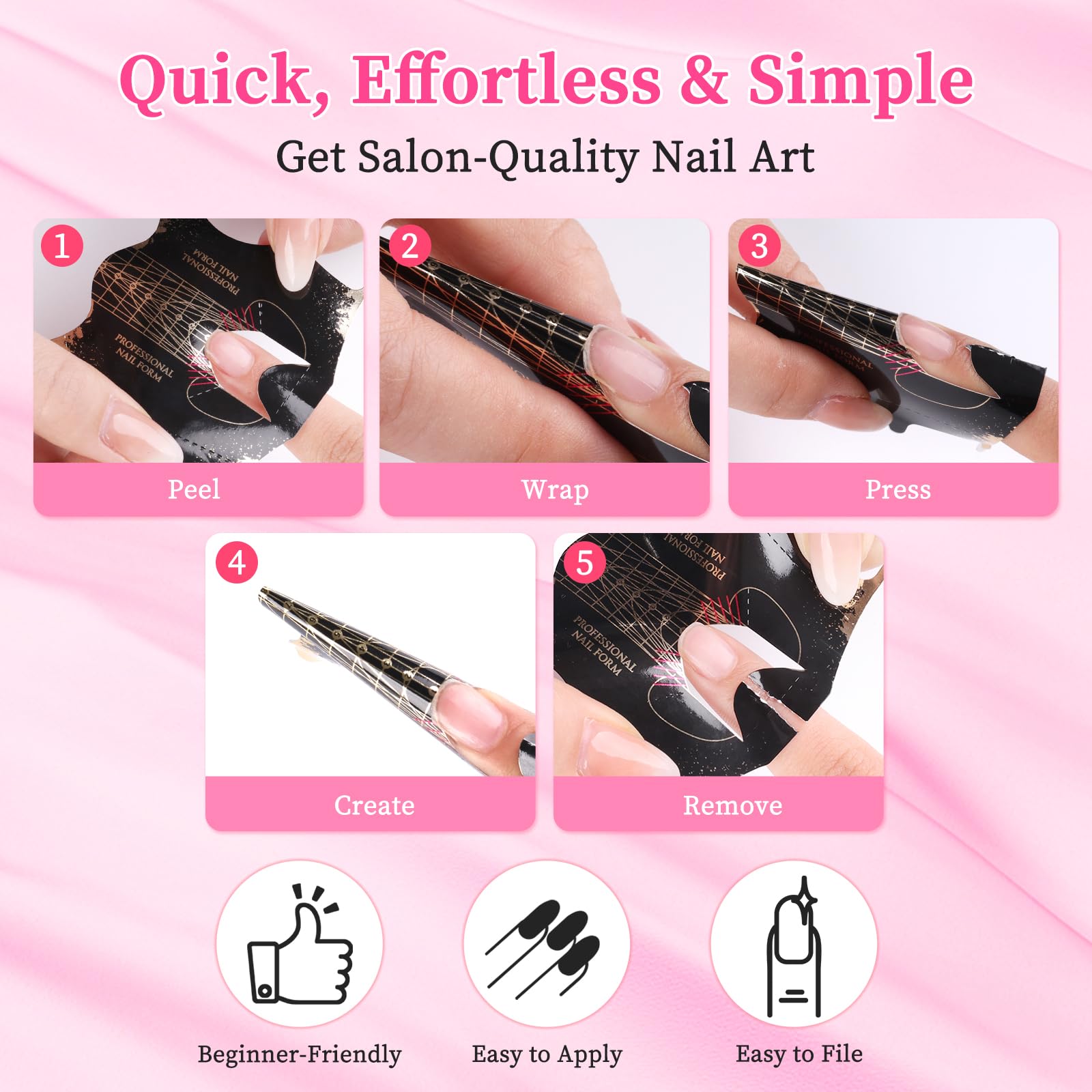 Reusable Self-Adhesive Nail Forms 100pcs - Sticky Nail Extension Templates for Poly Gel, Builder Gel & Acrylic Nails - Black Nail Art Stencils for Professional Salon & DIY Manicures at Home