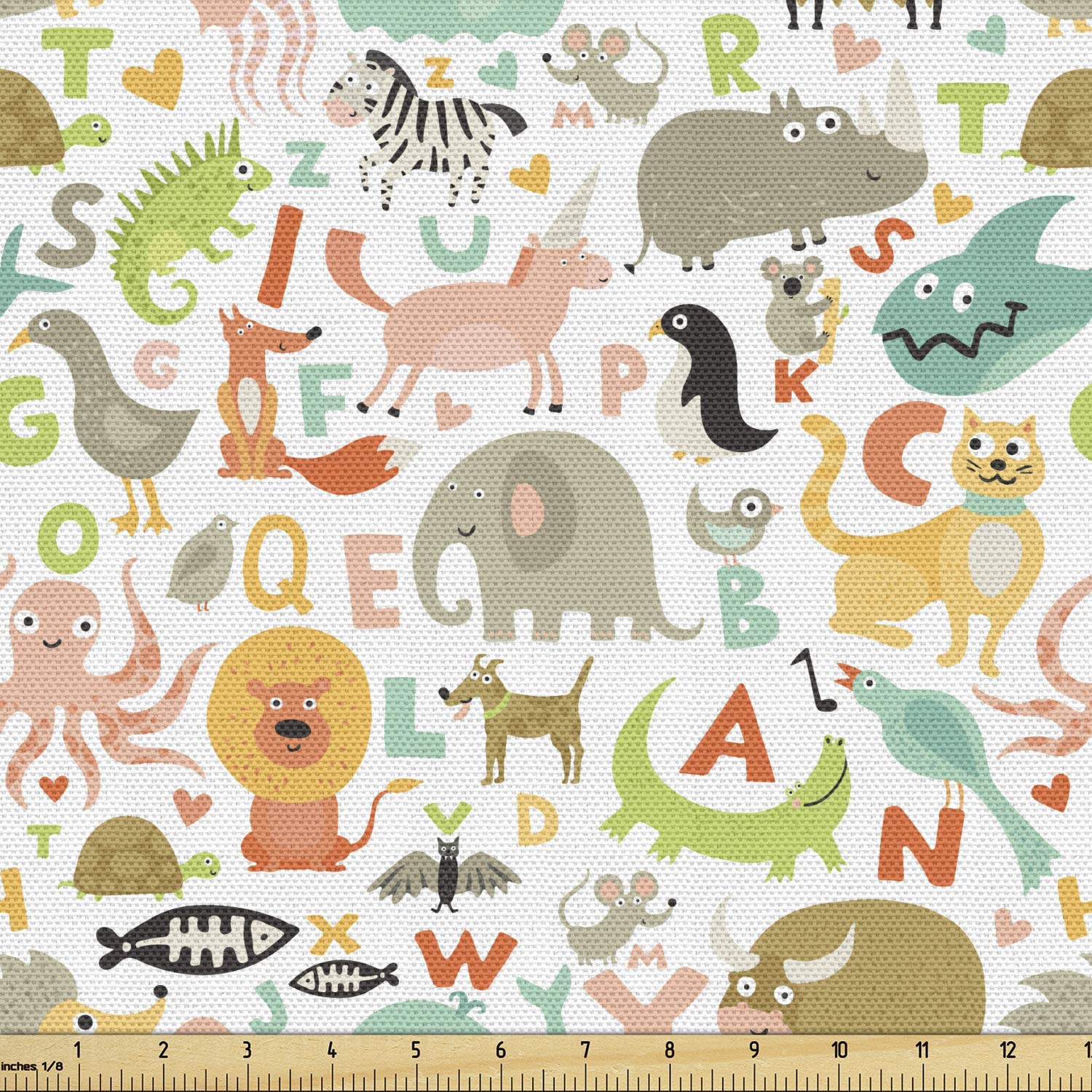 Ambesonne Cartoon Fabric by The Yard - Funny Animals & Alphabet Letters Print Multicolor Upholstery Fabric for DIY Home Decor, Curtains, Pillows & Crafts