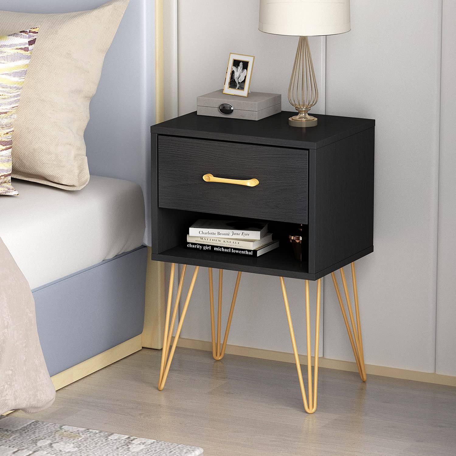 Modern Nightstand Set of 2 with Drawer & Shelf - Minimalist Bedside Tables with Metal Legs for Bedroom or Living Room - Black End Tables for Small Spaces & Apartment Decor