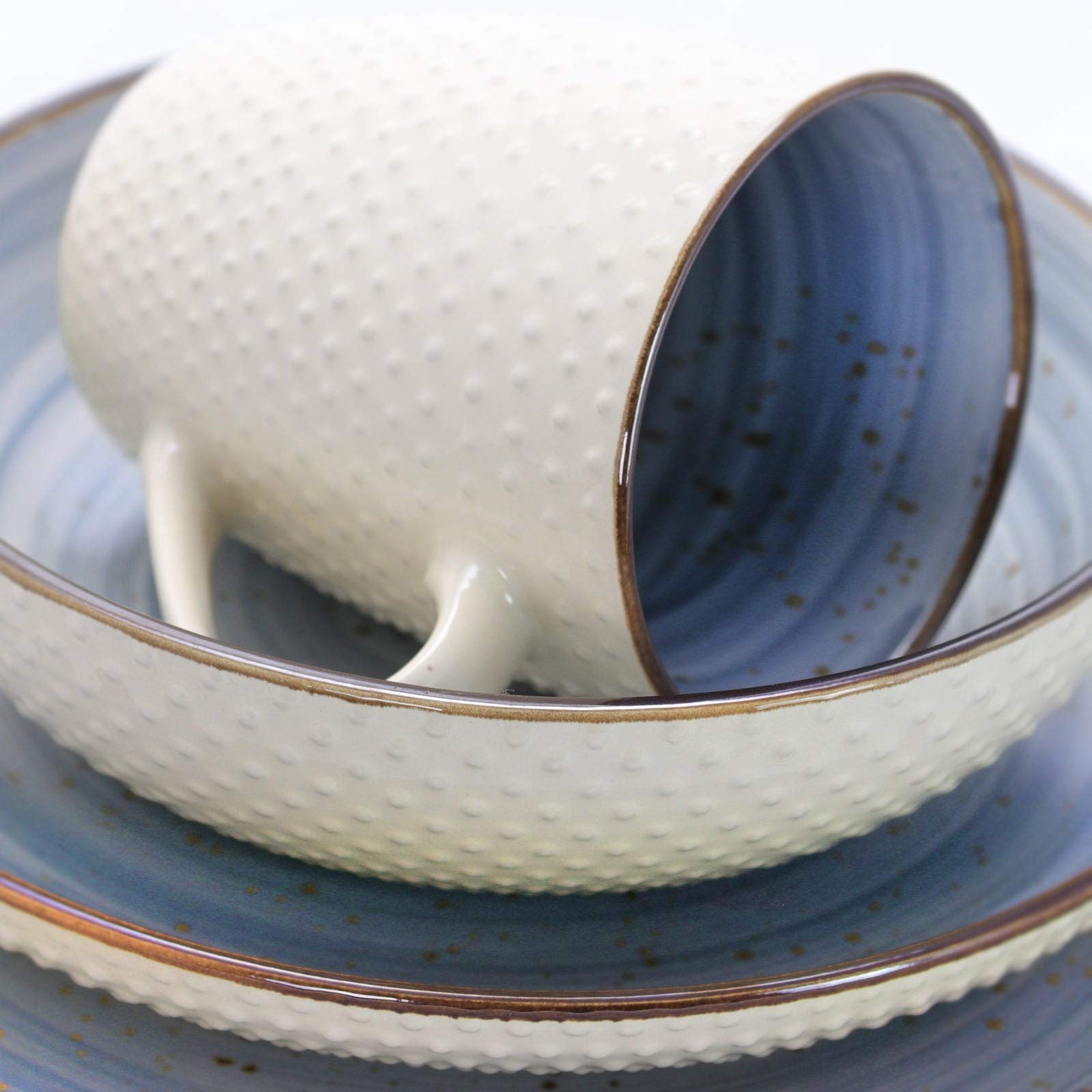 Powder Blue Embossed Dot Two-Tone 16-Piece Dinnerware Set - Textured Stoneware Plates & Bowls, Microwave & Dishwasher Safe - Perfect for Casual Dining, Family Gatherings & Everyday Use