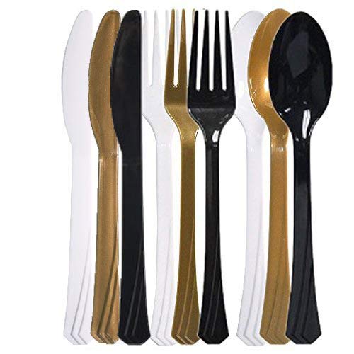 Tiger Chef 72-Pack Heavy Duty Plastic Cutlery Set - 24 Forks, 24 Teaspoons, 24 Knives in Black, White & Gold | Durable Colored Plastic Silverware for Parties, Picnics, Catering & Outdoor Events