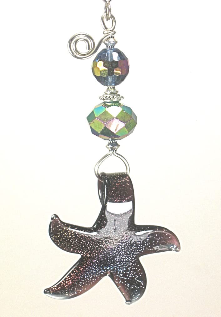 Iridescent Purple Stardust Starfish Lampwork Glass Ceiling Fan Pull - Handmade Glass Pendant for Home Decor, Coastal Theme Bedroom Lighting Accessory