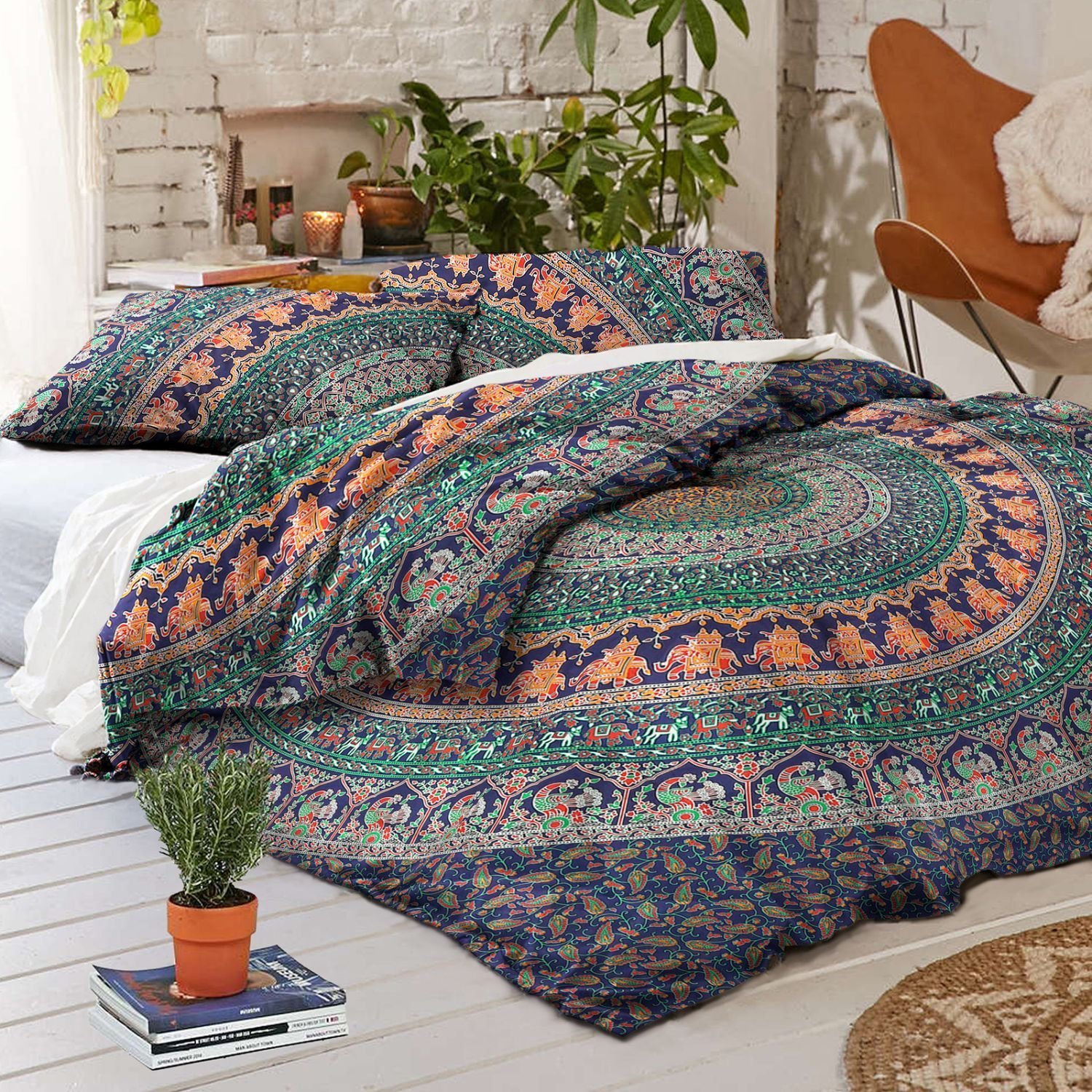 Sophia-Art Indian Handmade Bohemian Duvet Cover Set - 100% Cotton Hippie Mandala Ombre Bedding with 2 Pillow Shams (Blue Ethnic Print, Twin 52x74 Inches) - Perfect for Boho Bedroom Decor, Guest Room & Yoga Retreat