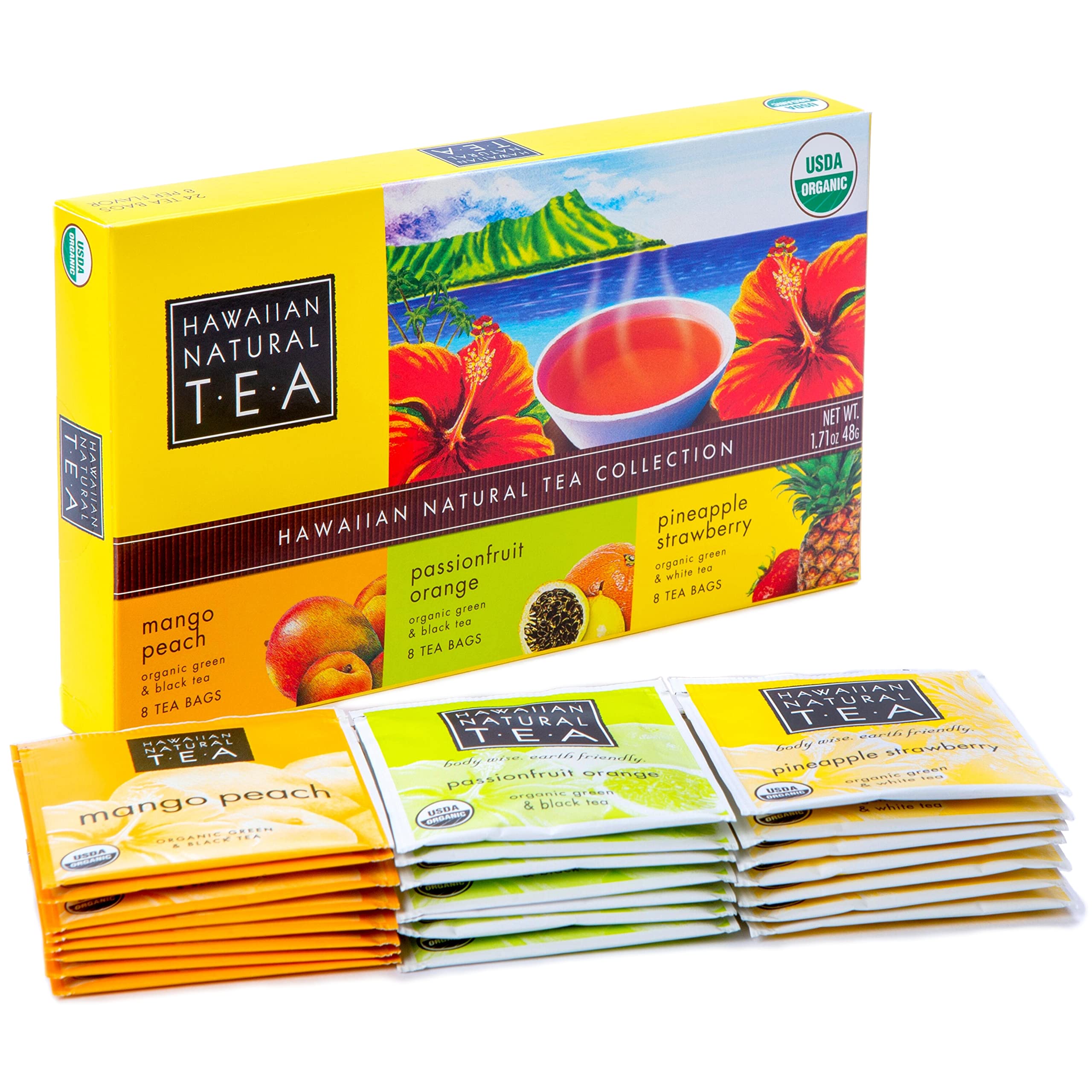 Organic Hawaiian Tropical Fruit Tea Sampler - Green, Black & White Tea Blends - 24 Tea Bags Gift Box for Tea Lovers - Perfect for Relaxation, Gifts & Afternoon Tea Time