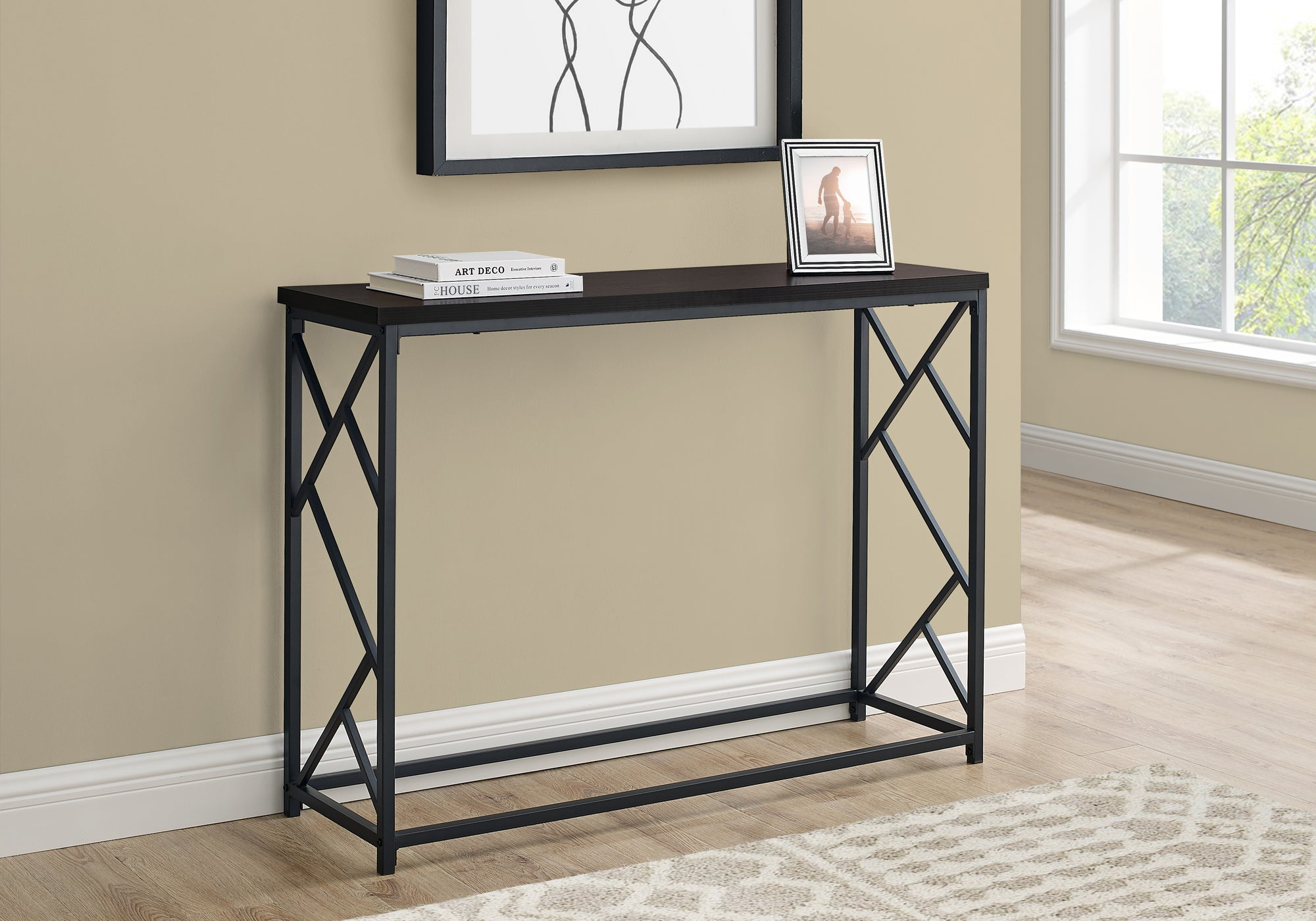Modern Accent Table 44L - Espresso Finish with Black Metal Frame - Perfect for Hallway, Living Room, or Entryway Decor