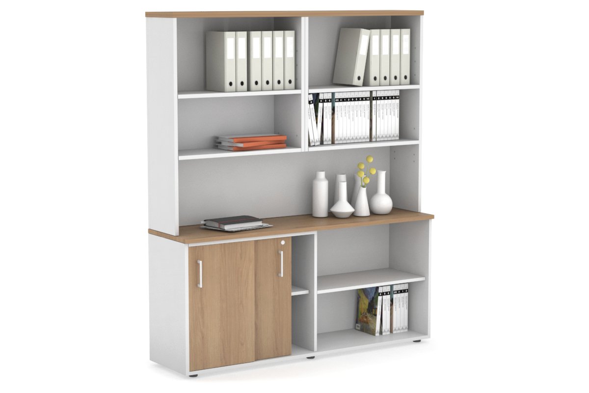 Modern 2-Door Sliding Credenza with Open Storage Hutch - Stylish Home Office & Living Room Furniture for Organization & Display