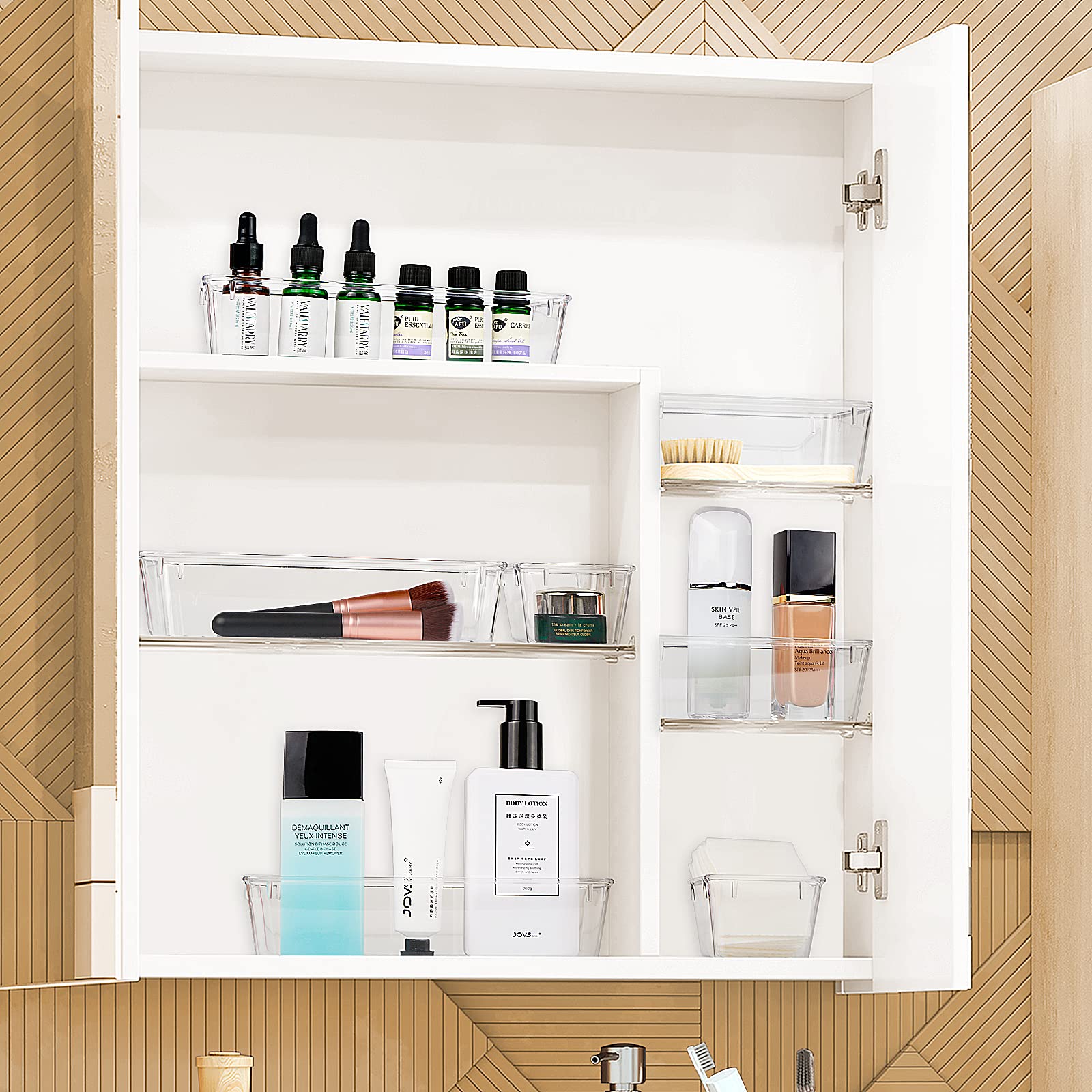 13-Piece Clear Drawer Organizer Set - 5 Sizes Bathroom & Kitchen Cabinet Storage Trays for Makeup, Jewelry, Utensils, Gadgets - Perfect for Home, Office, and Travel Organization