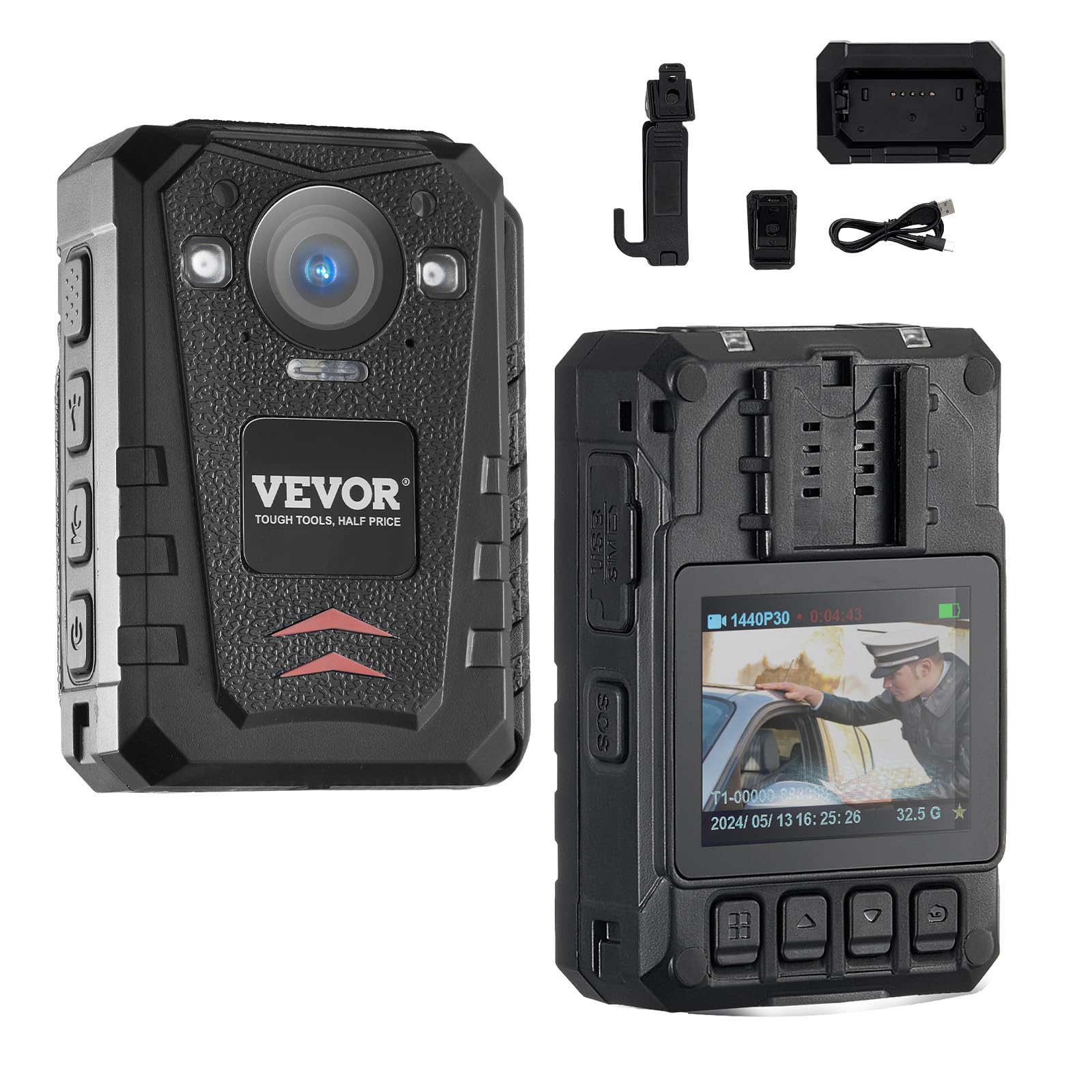 VEVOR 1440P HD Police Body Camera with Audio Video Recording, 128GB Storage, 3500mAh Battery, 2