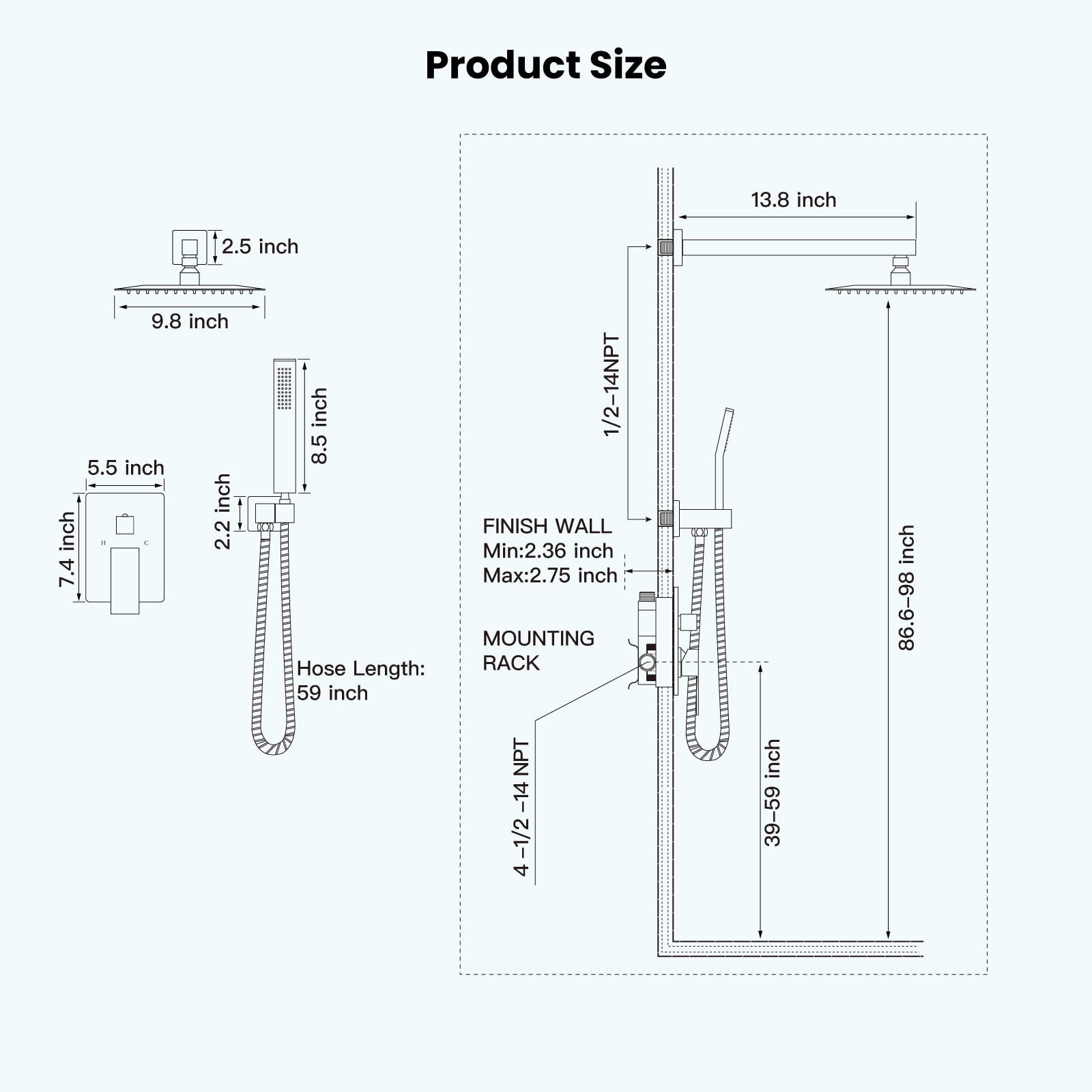 Gotonovo Rainfall Shower System - 10 Inch Square Shower Head with Handheld Spray & High Pressure Valve - Brushed Nickel Bathroom Faucet Set for Luxury Spa Experience at Home