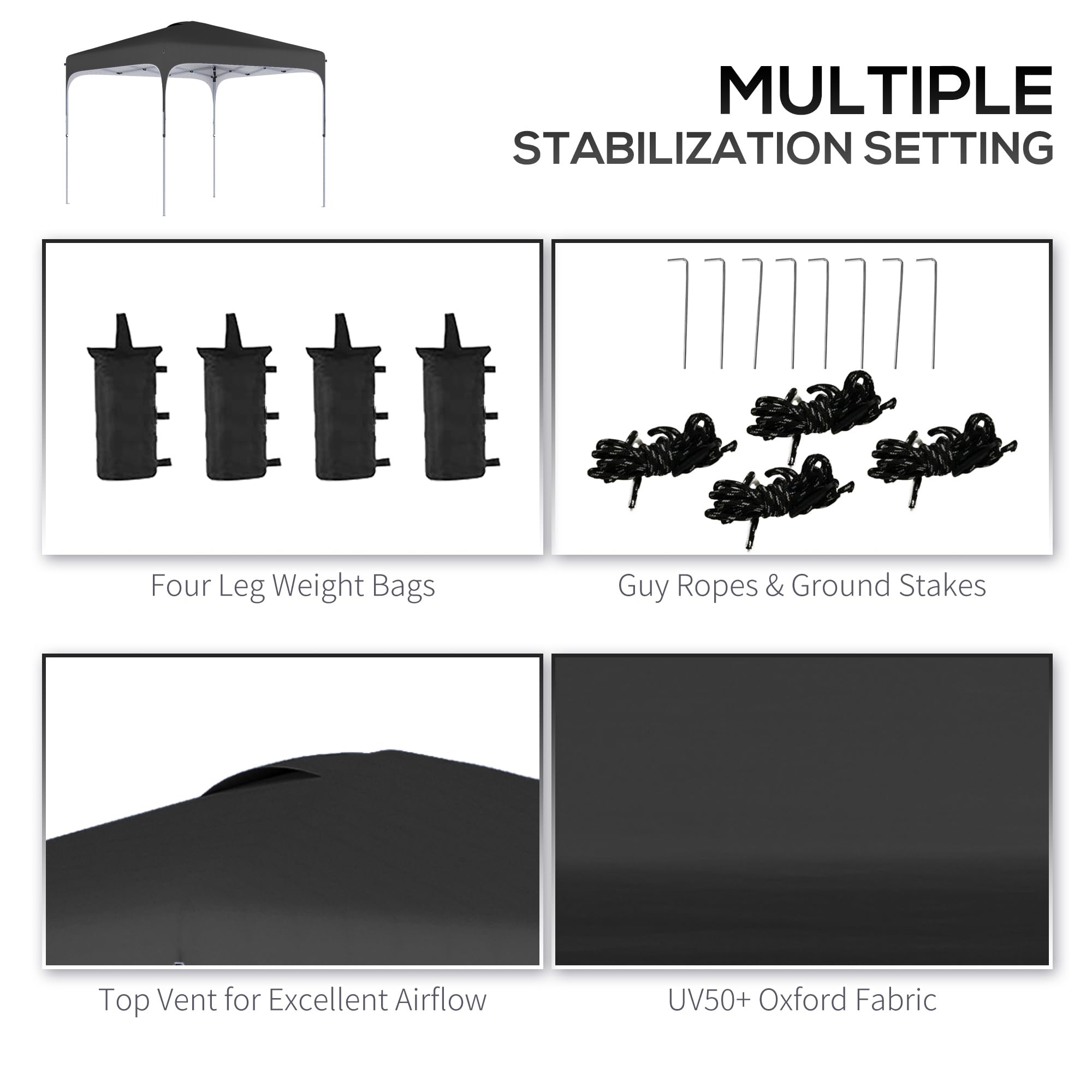 Outsunny 8' x 8' Pop Up Canopy Tent with Wheeled Carry Bag & 4 Sand Bags - Instant Sun Shelter for Outdoor Parties, Camping, Beach, Backyard, Garden & Patio - Adjustable Height Black Canopy Tent