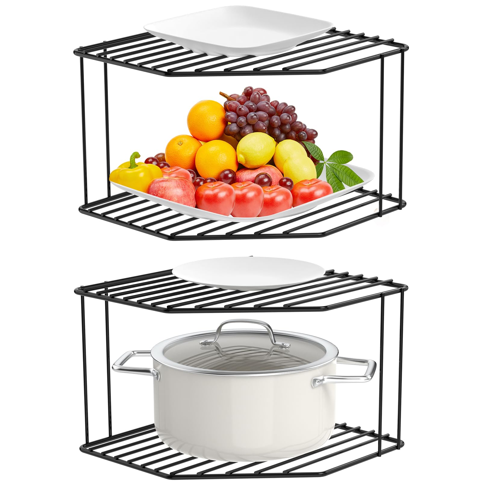2-Tier Corner Stackable Organizer - Space Saving Cabinet & Counter Shelf Rack, Kitchen Storage Organizer for Spices, Utensils & Cookware (Black) - Perfect for Small Kitchens & Pantries